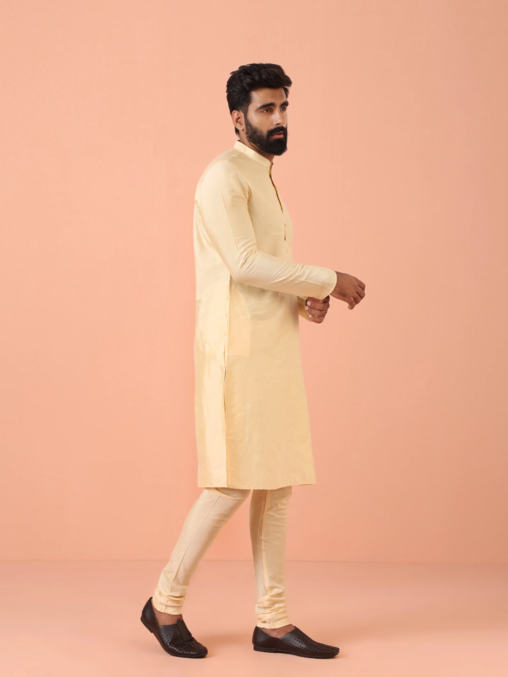 Beige Silk Blend Solid Kurta Churidar Set - Image 3