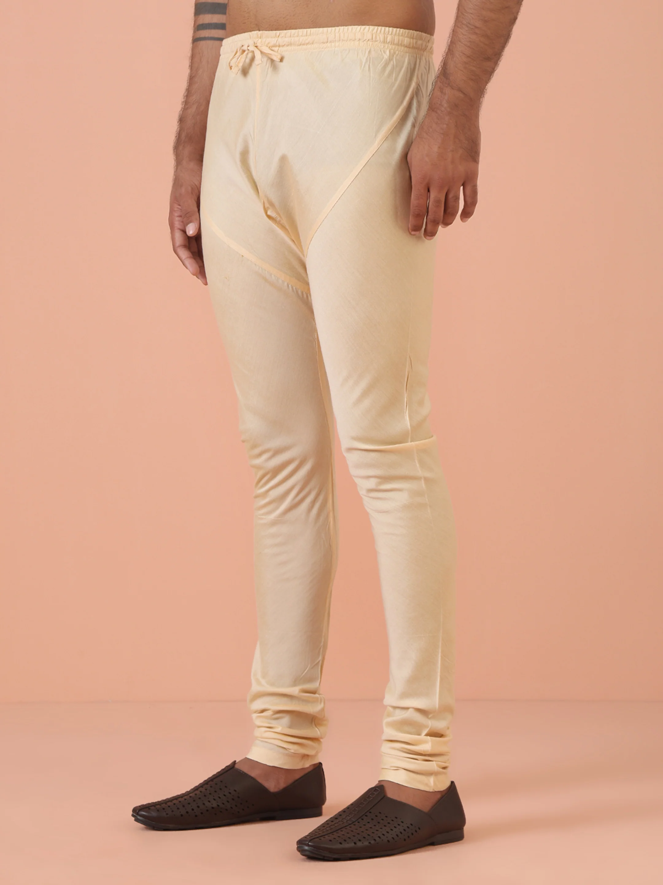 Beige Silk Blend Solid Kurta Churidar Set - Image 6
