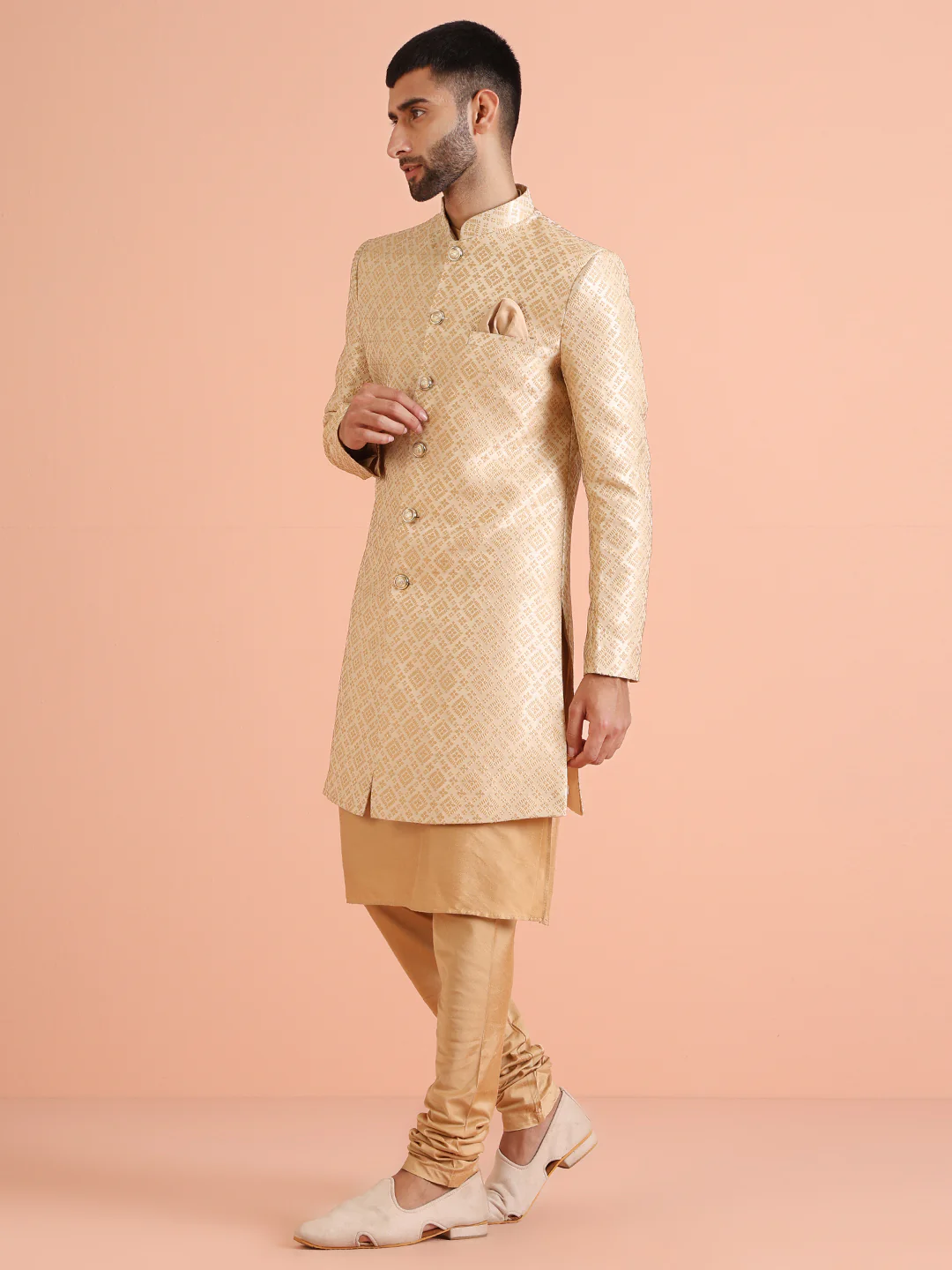 Men Gold Kurta Indowestern Churidar Set - Image 2