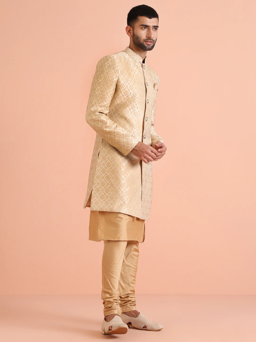 Men Gold Kurta Indowestern Churidar Set - Image 3
