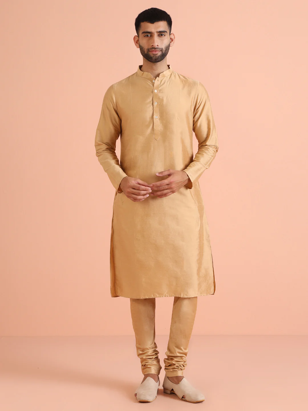 Men Gold Kurta Indowestern Churidar Set - Image 5