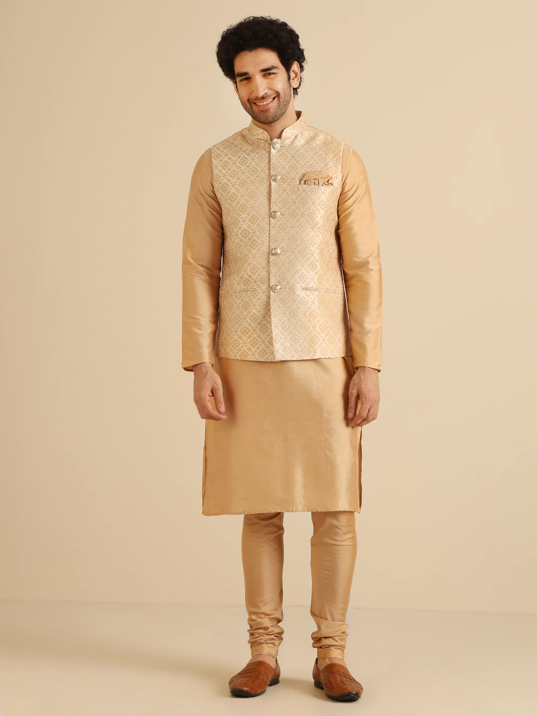 Gold Silk Blend Textured Nehru Jacket Kurta Churidar - Image 2