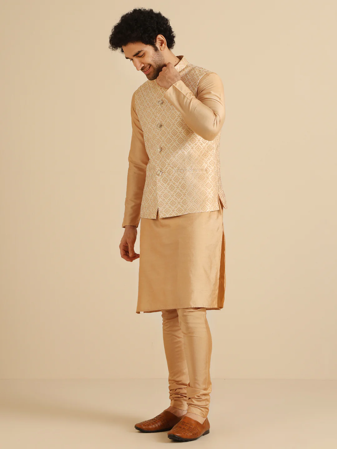 Gold Silk Blend Textured Nehru Jacket Kurta Churidar - Image 3