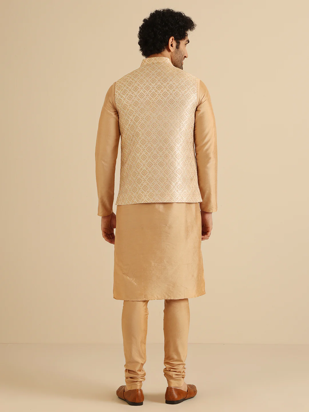 Gold Silk Blend Textured Nehru Jacket Kurta Churidar - Image 5