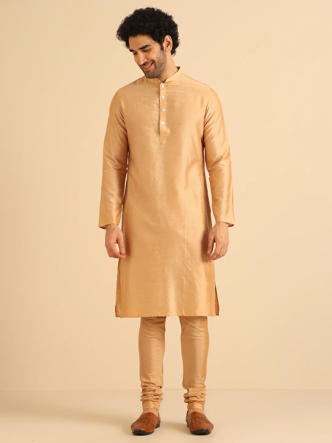 Gold Silk Blend Textured Nehru Jacket Kurta Churidar - Image 6