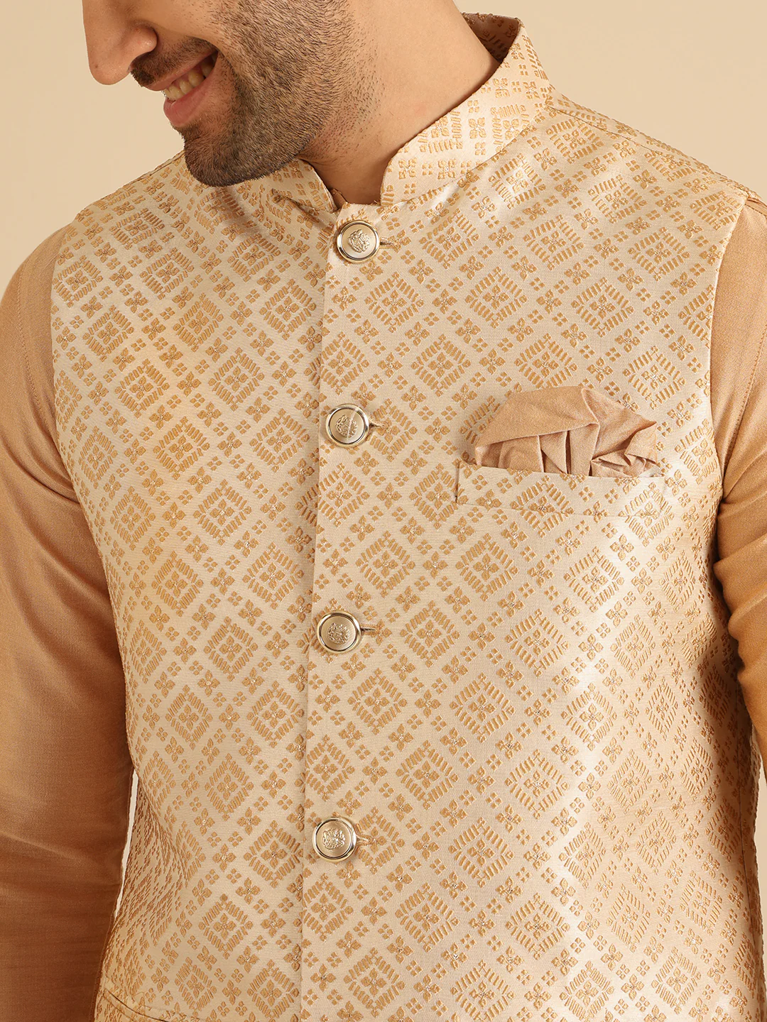 Gold Silk Blend Textured Nehru Jacket Kurta Churidar - Image 7