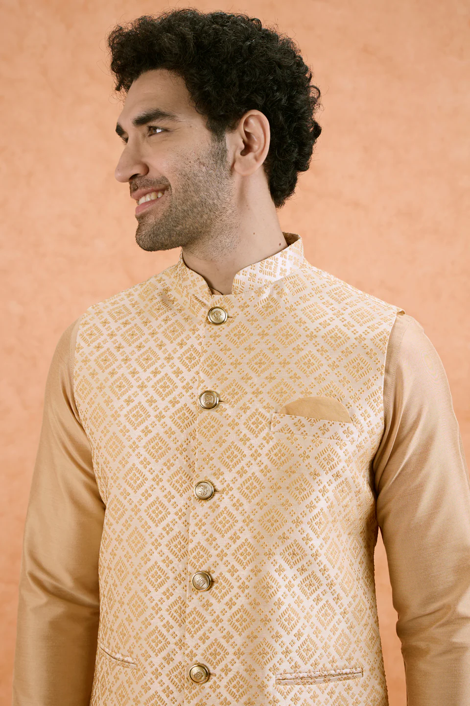 Beige Cotton Silk Textured Nehru Jacket - Image 2