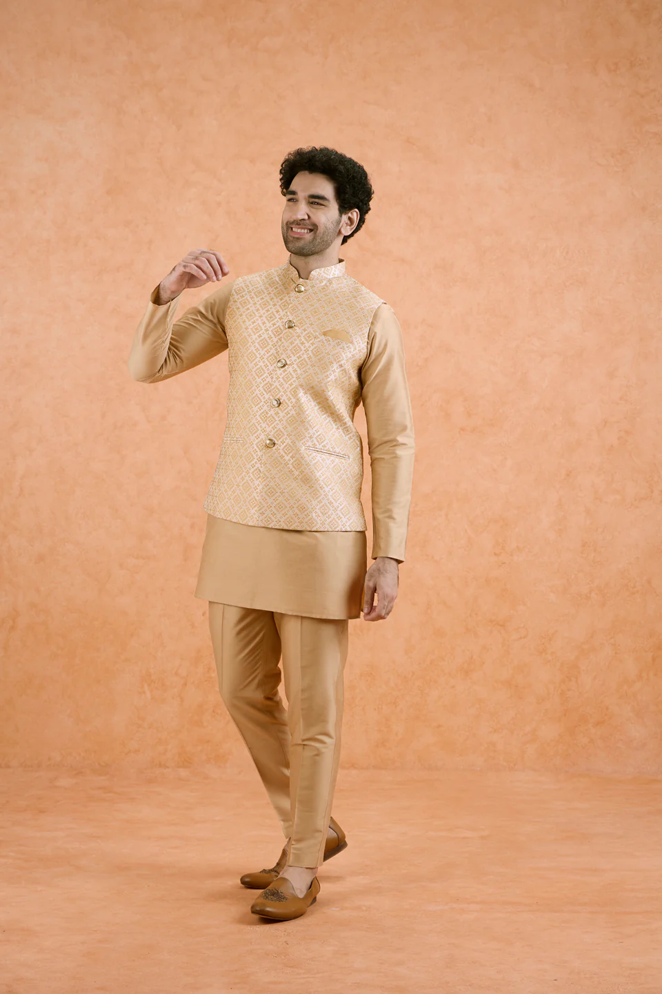 Beige Cotton Silk Textured Nehru Jacket - Image 4