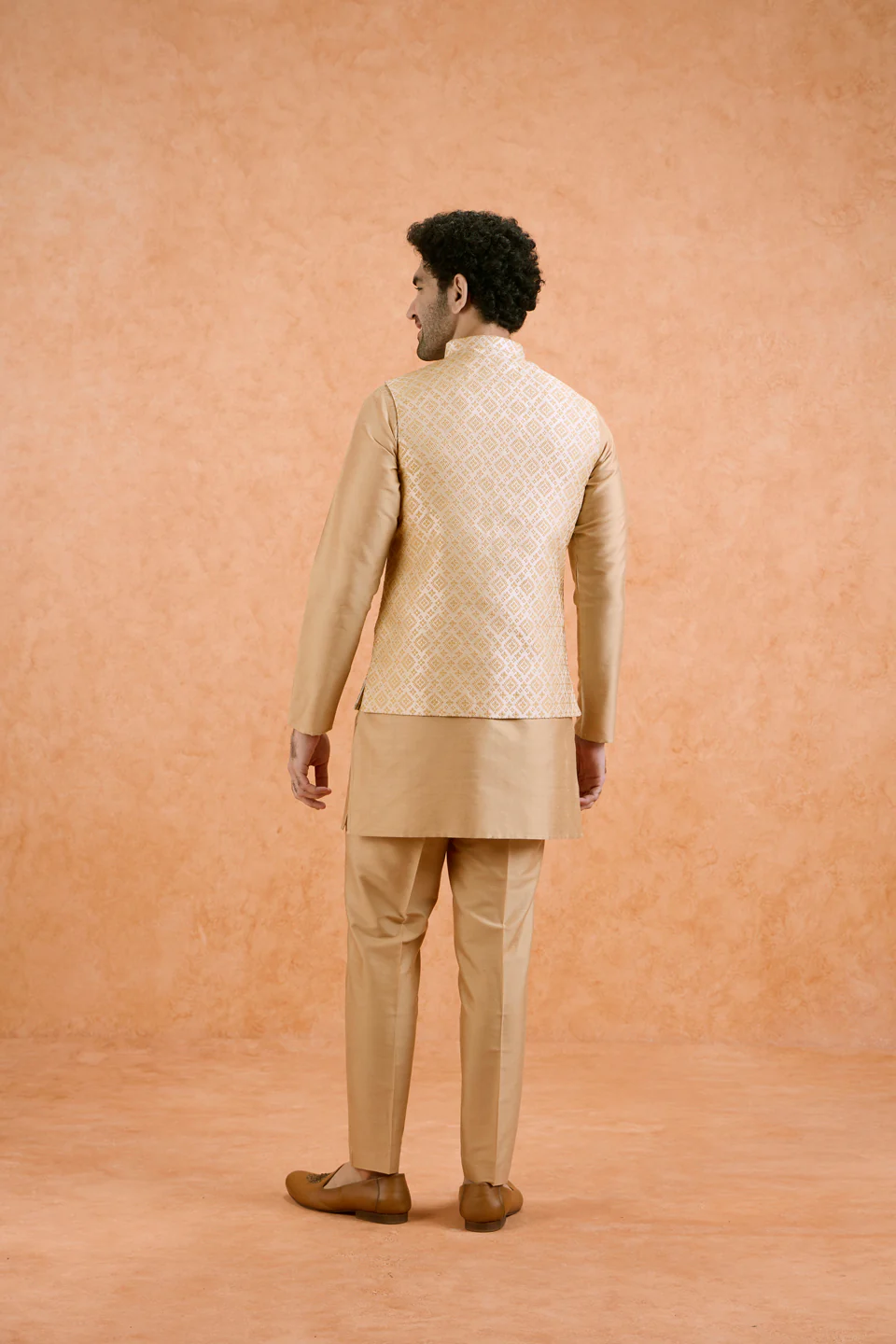 Beige Cotton Silk Textured Nehru Jacket - Image 5