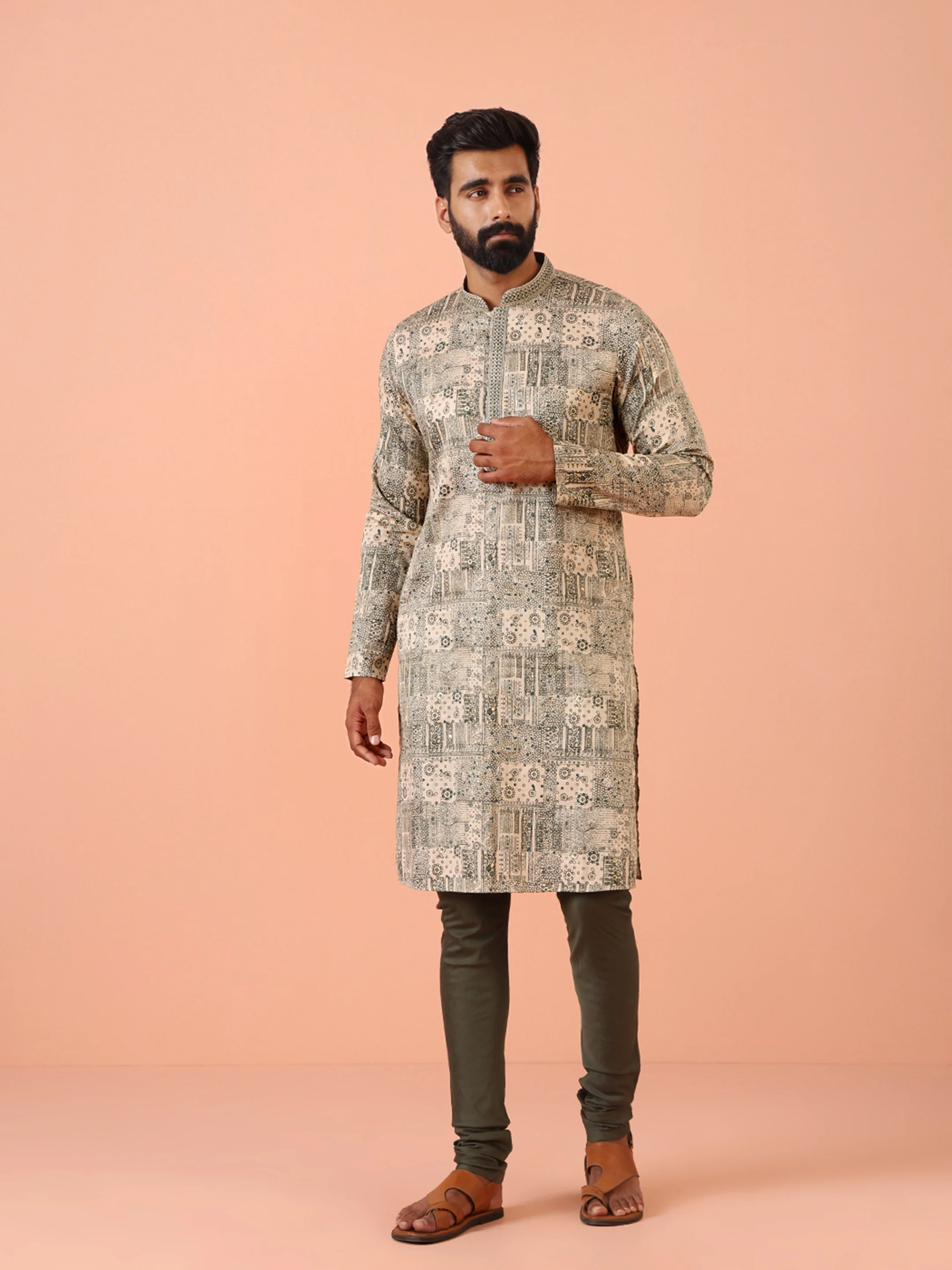 Men Green Abstract Kurta Churidar Set - Image 2