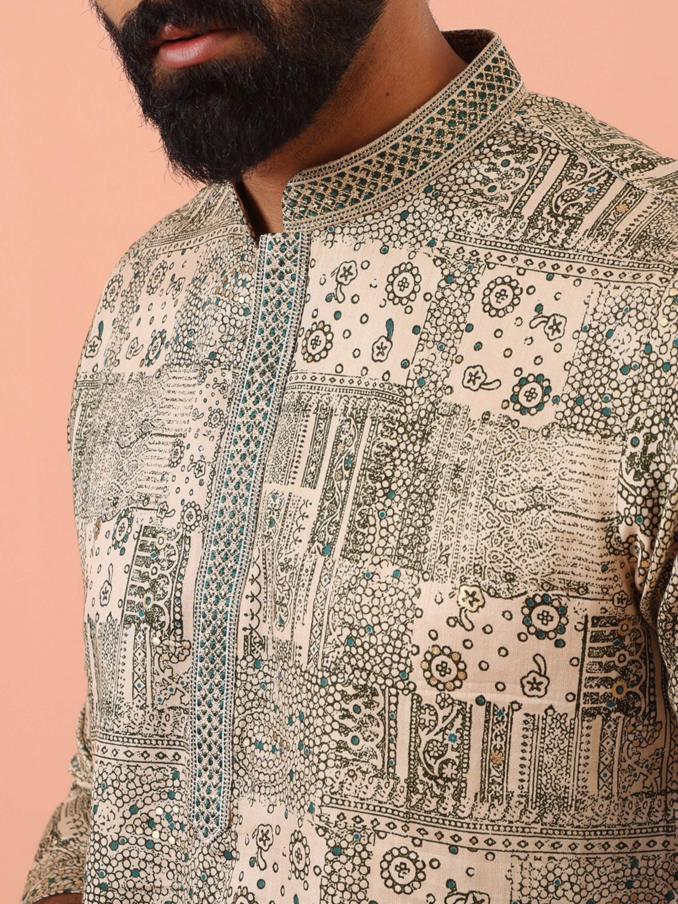 Men Green Abstract Kurta Churidar Set - Image 6