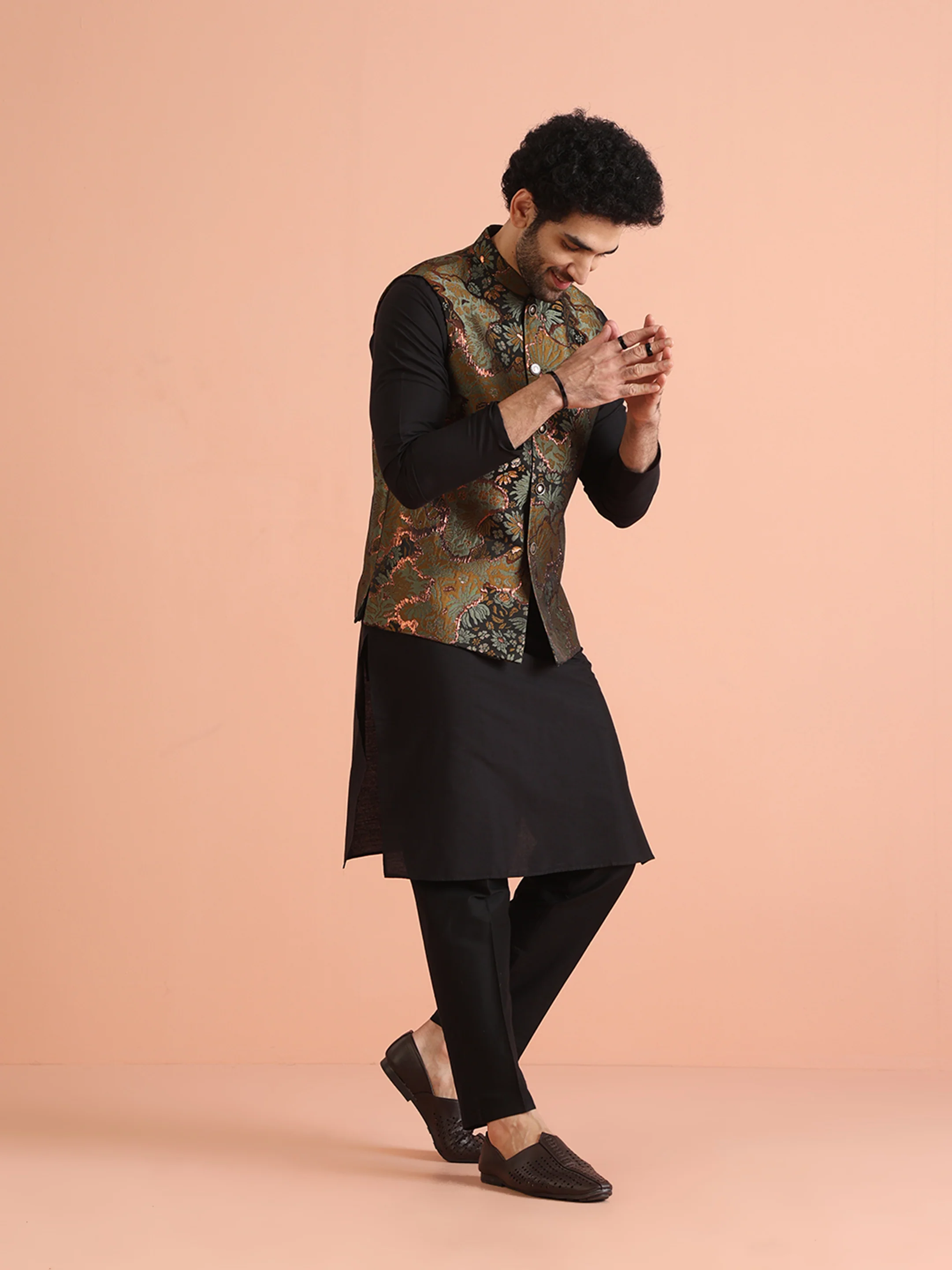 Multi Abstract Jacquard Jacket Kurta Set - Image 3