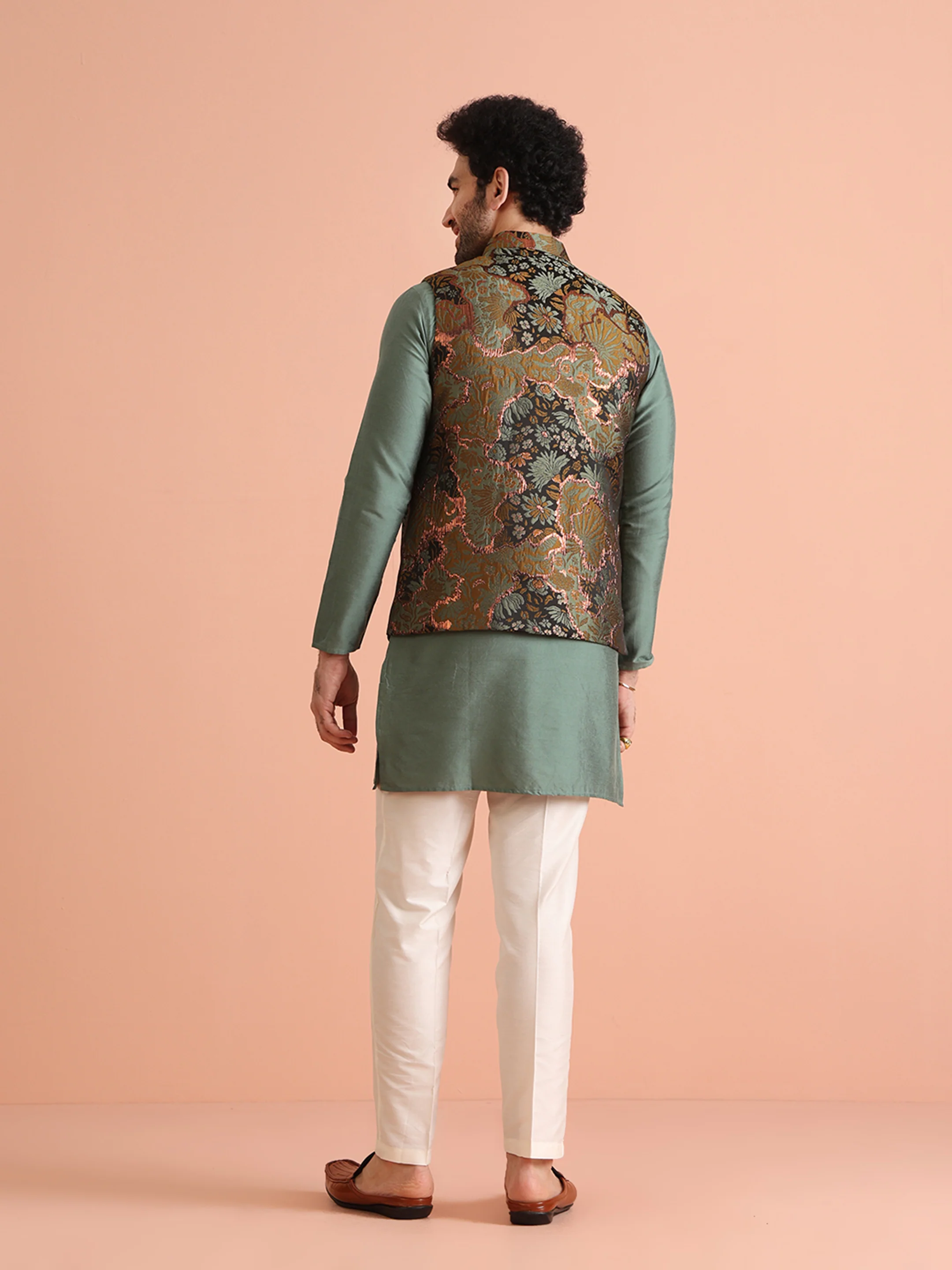 Green Art Silk Printed Jacket Kurta Trouser Set - Image 3