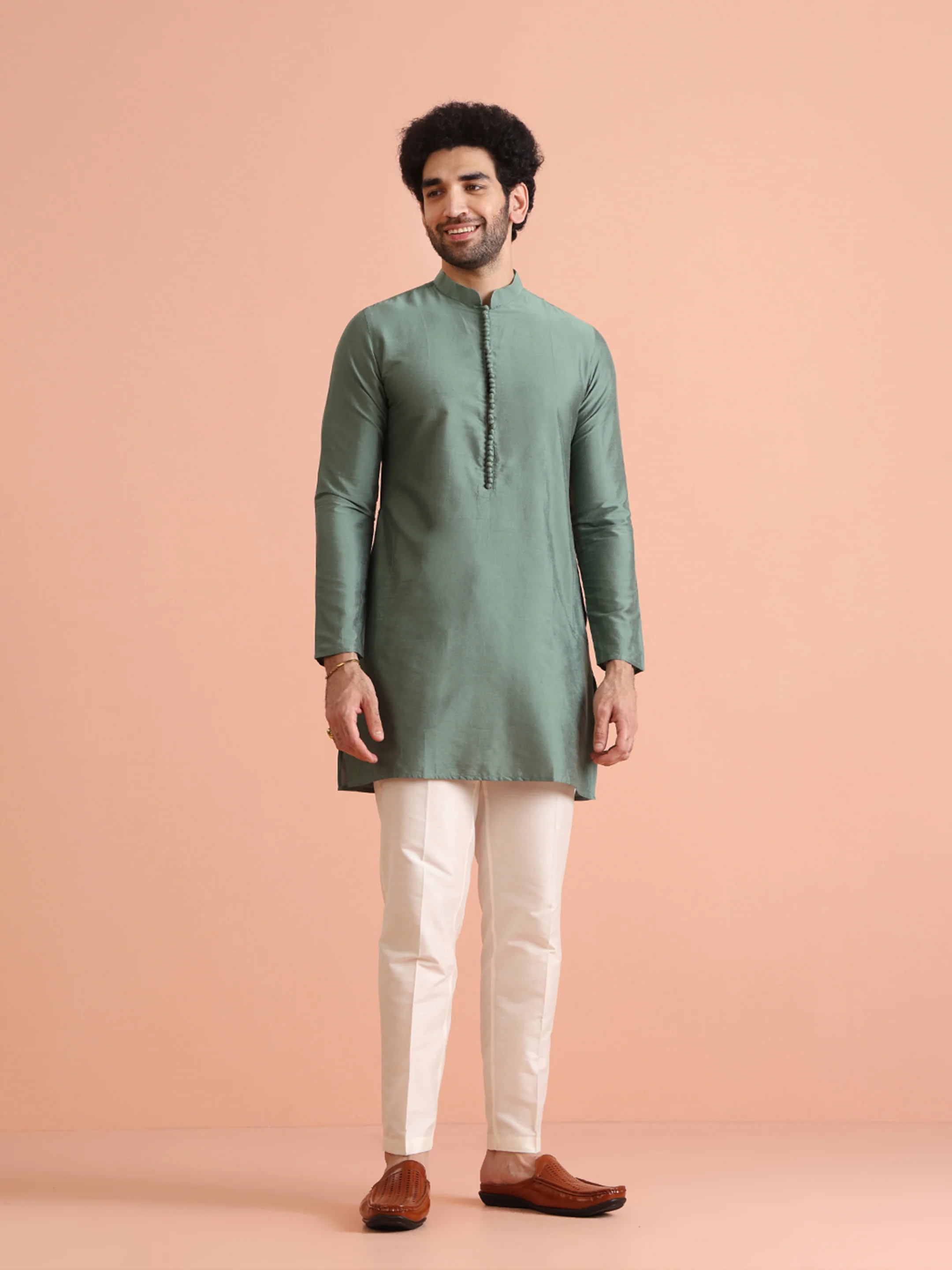 Green Art Silk Printed Jacket Kurta Trouser Set - Image 4