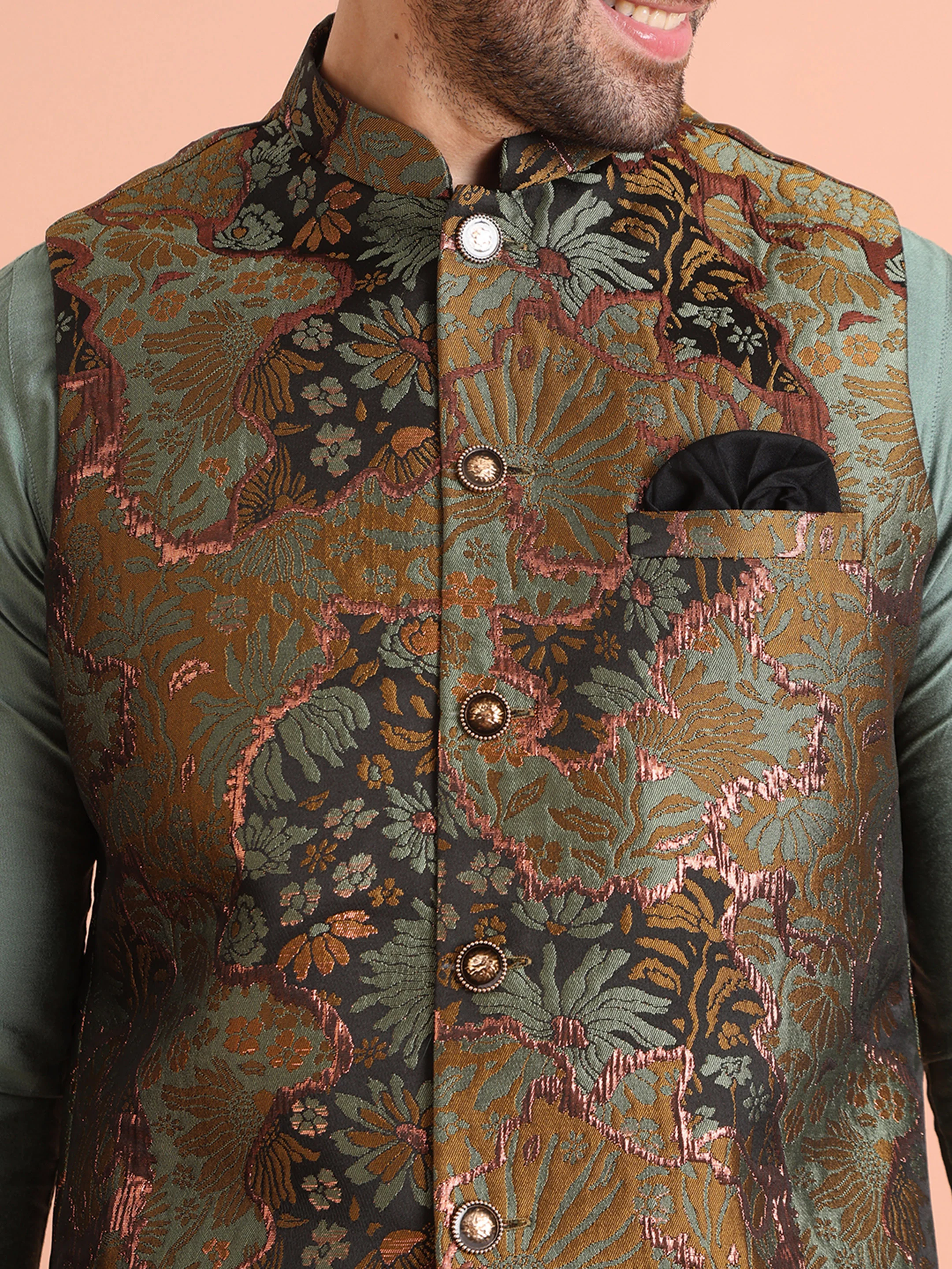 Green Art Silk Printed Jacket Kurta Trouser Set - Image 5