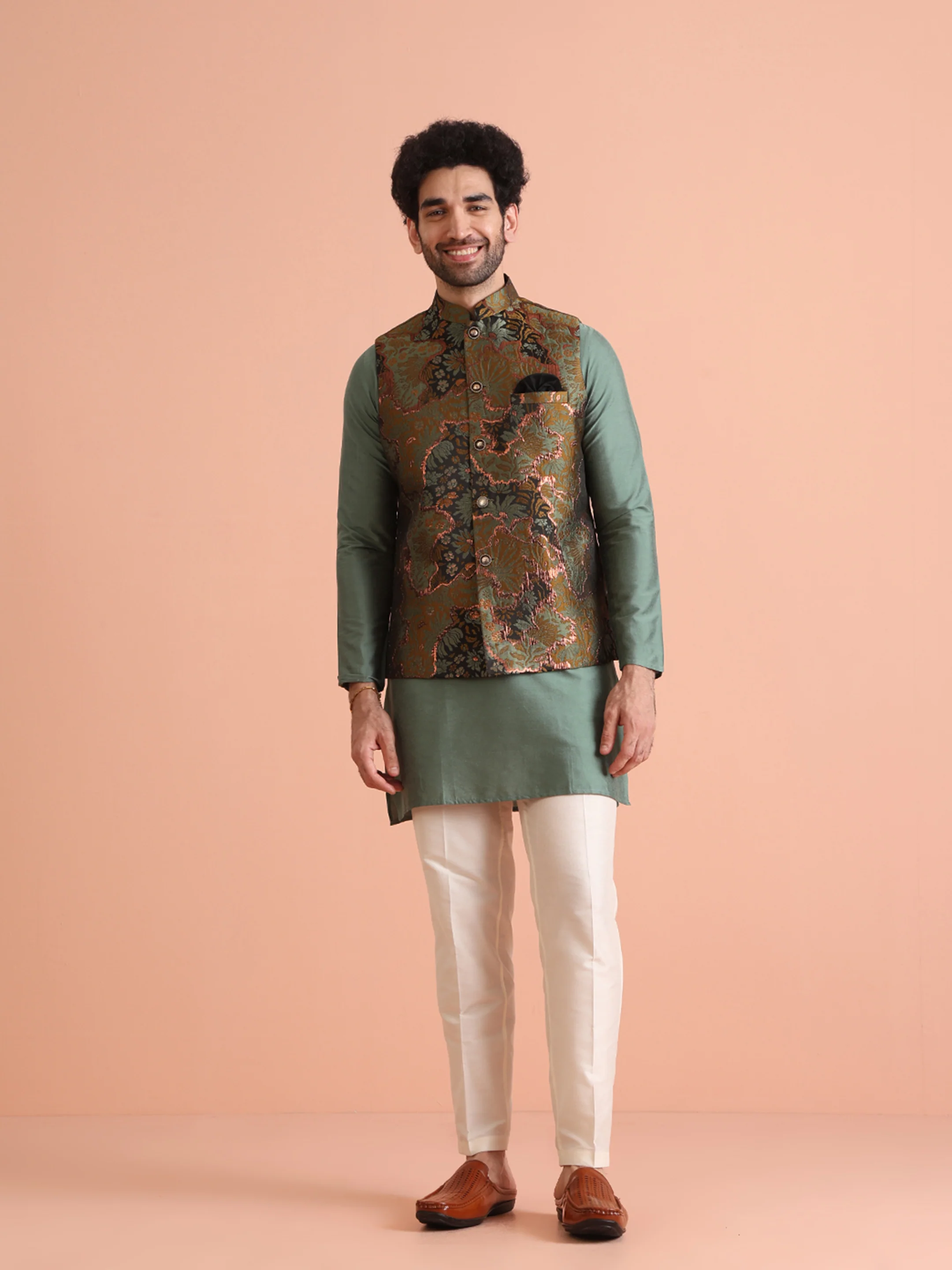 Green Art Silk Printed Jacket Kurta Trouser Set - Image 7