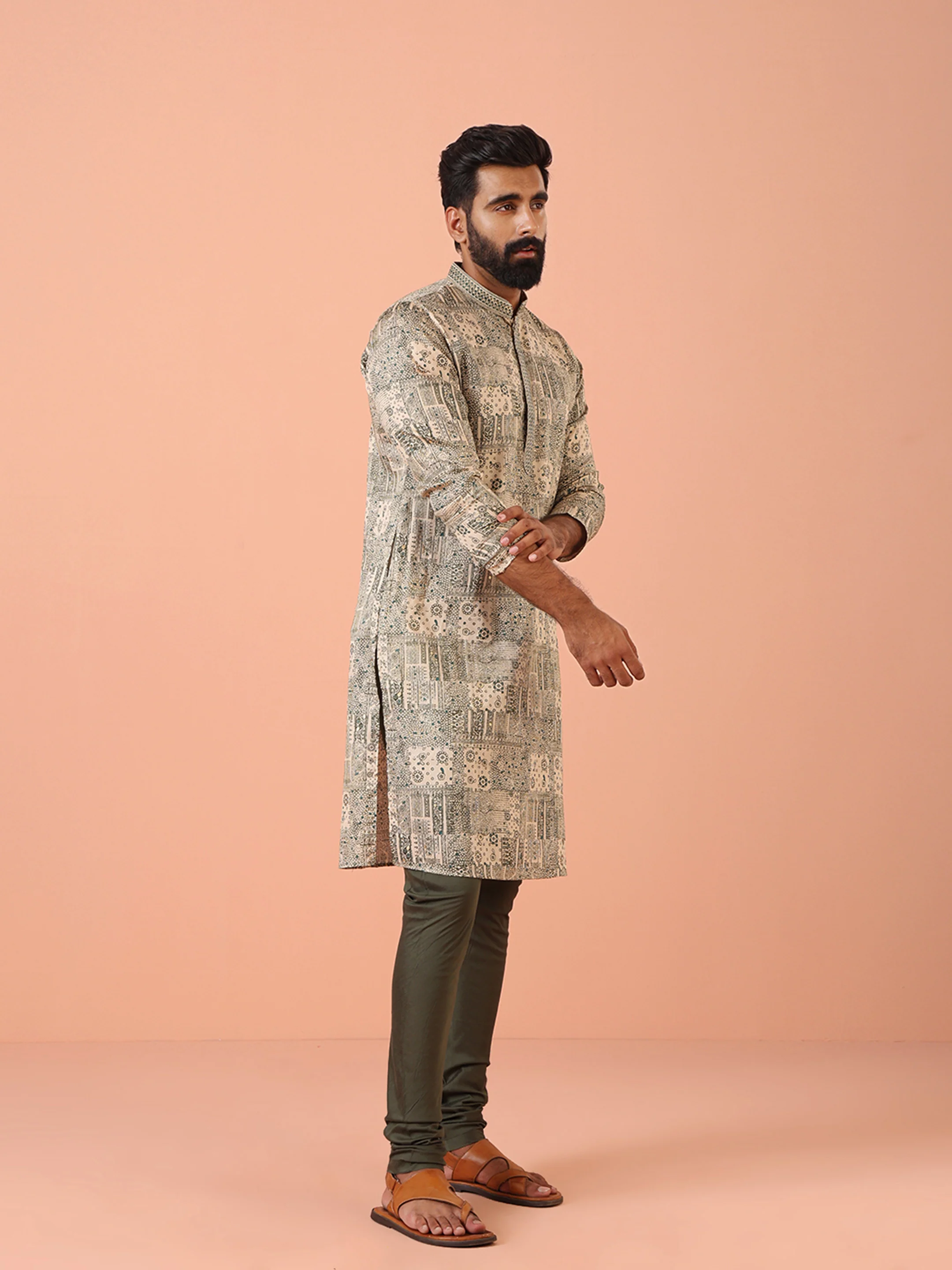 Beige Kurta with All-Over Geometric Print and Mandarin Collar - Image 2