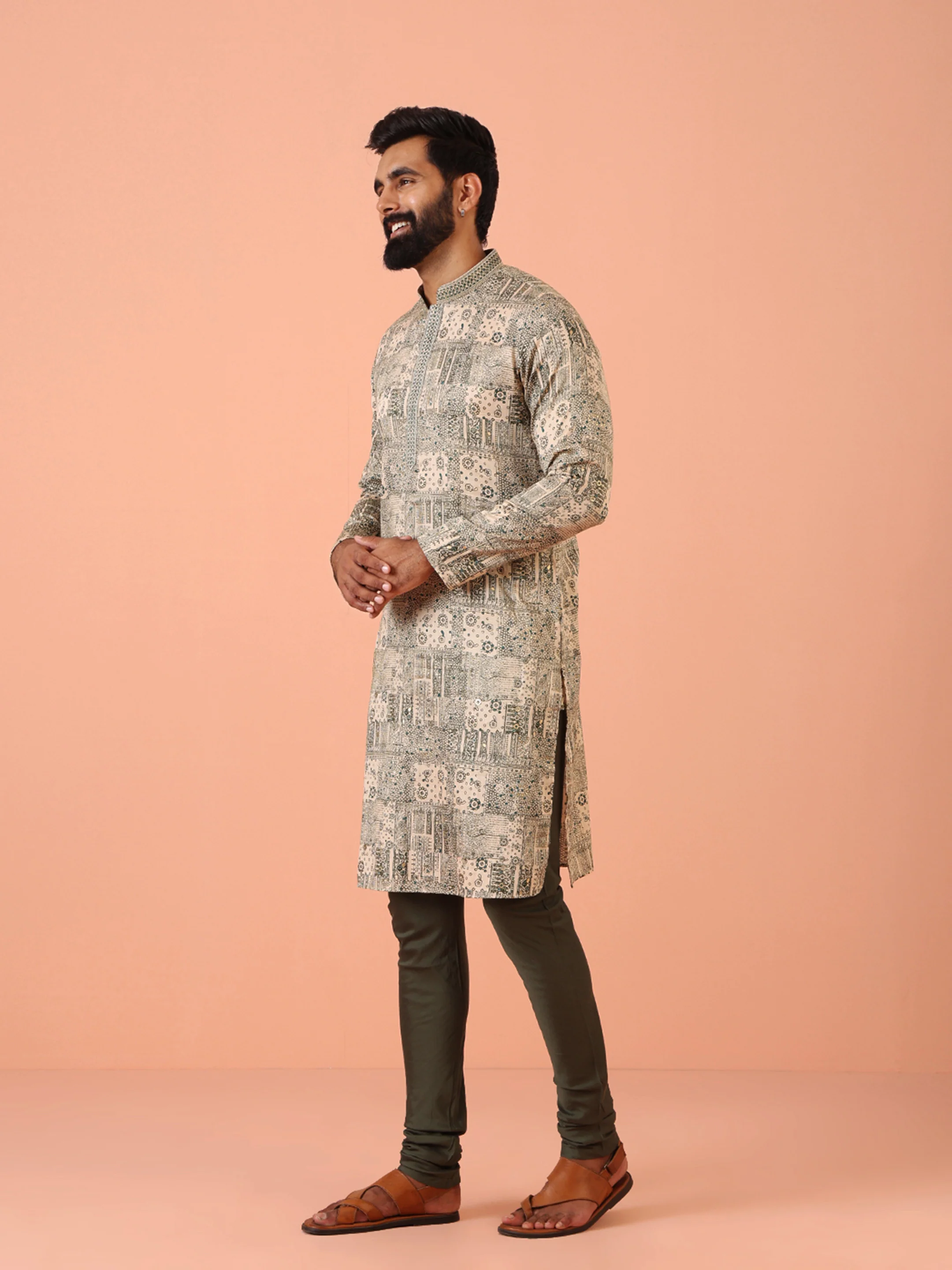 Beige Kurta with All-Over Geometric Print and Mandarin Collar - Image 3