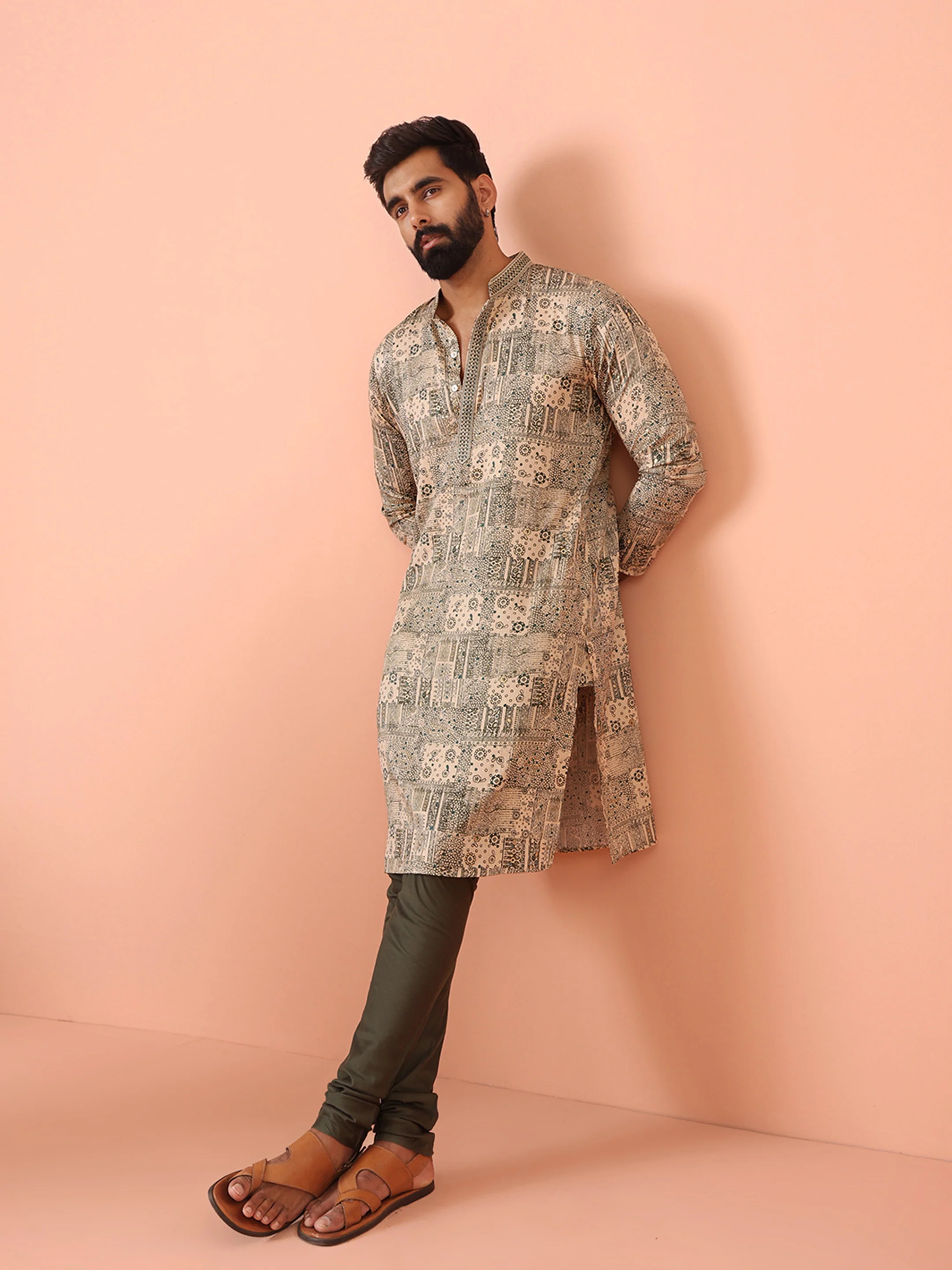 Beige Kurta with All-Over Geometric Print and Mandarin Collar - Image 6