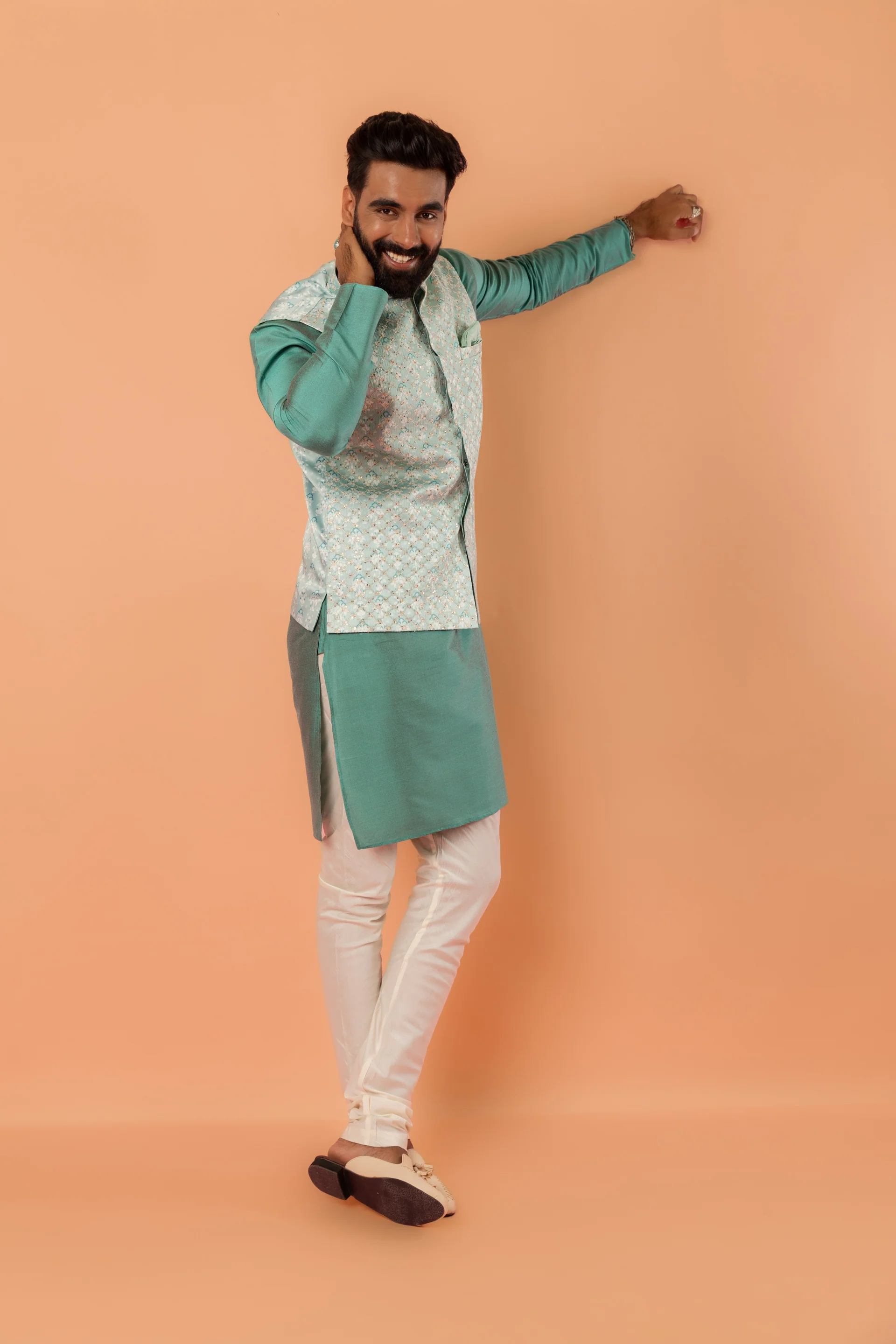 Green Jacket Kurta Churidar Set - Image 2