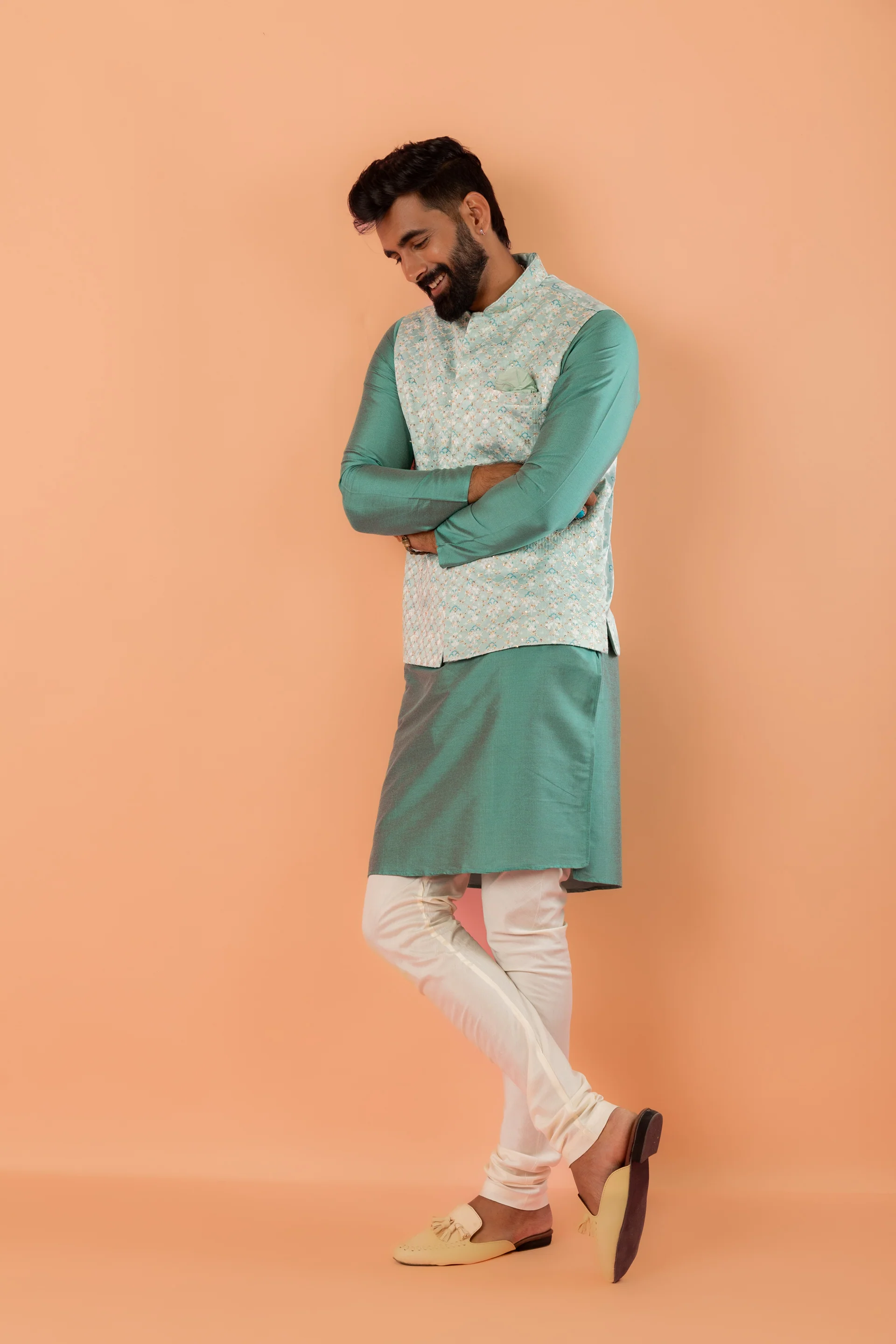 Green Jacket Kurta Churidar Set - Image 9