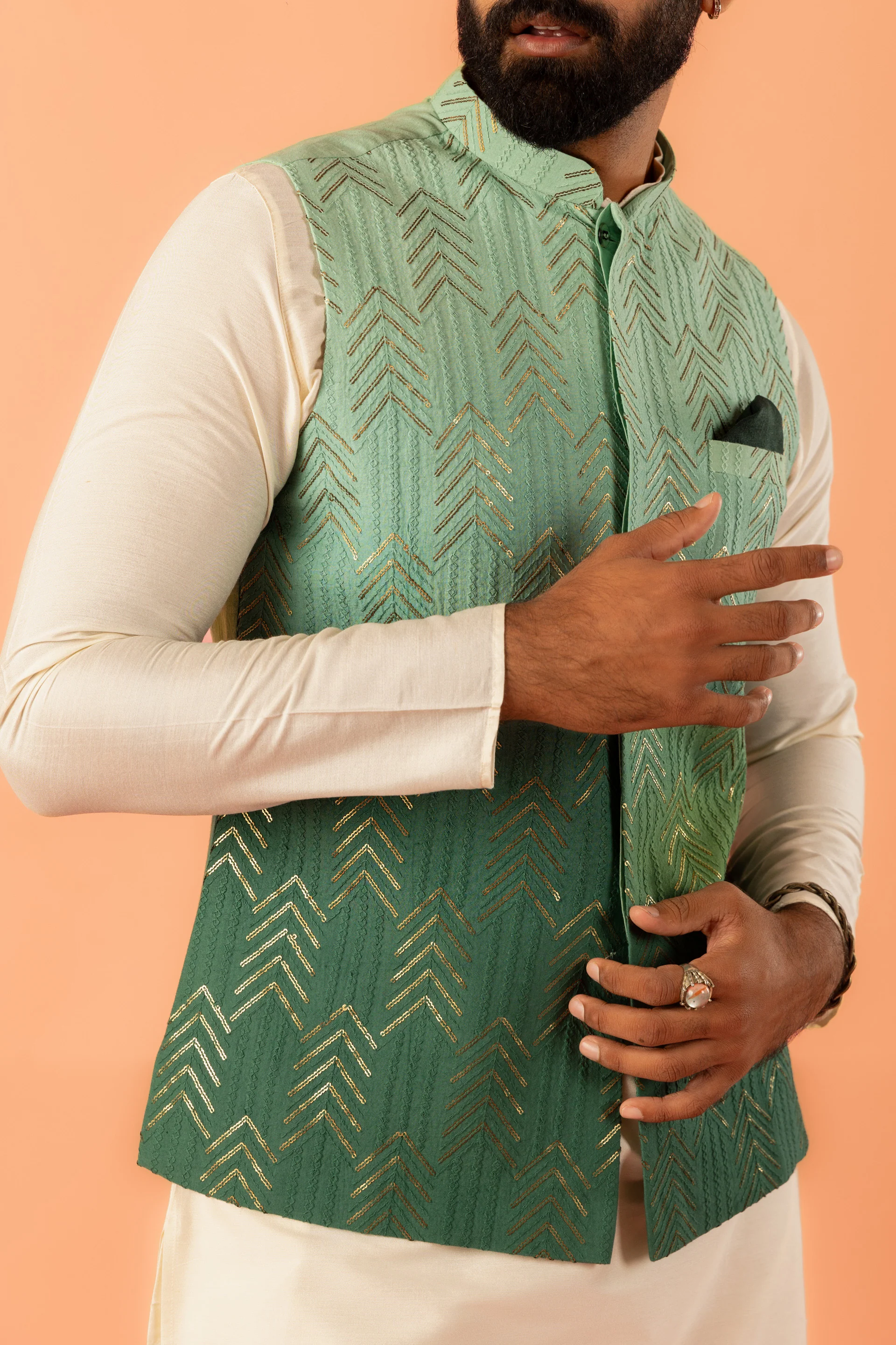 Men Green Embroidered Kurta Jacket Churidar Set with Sequinned - Image 2