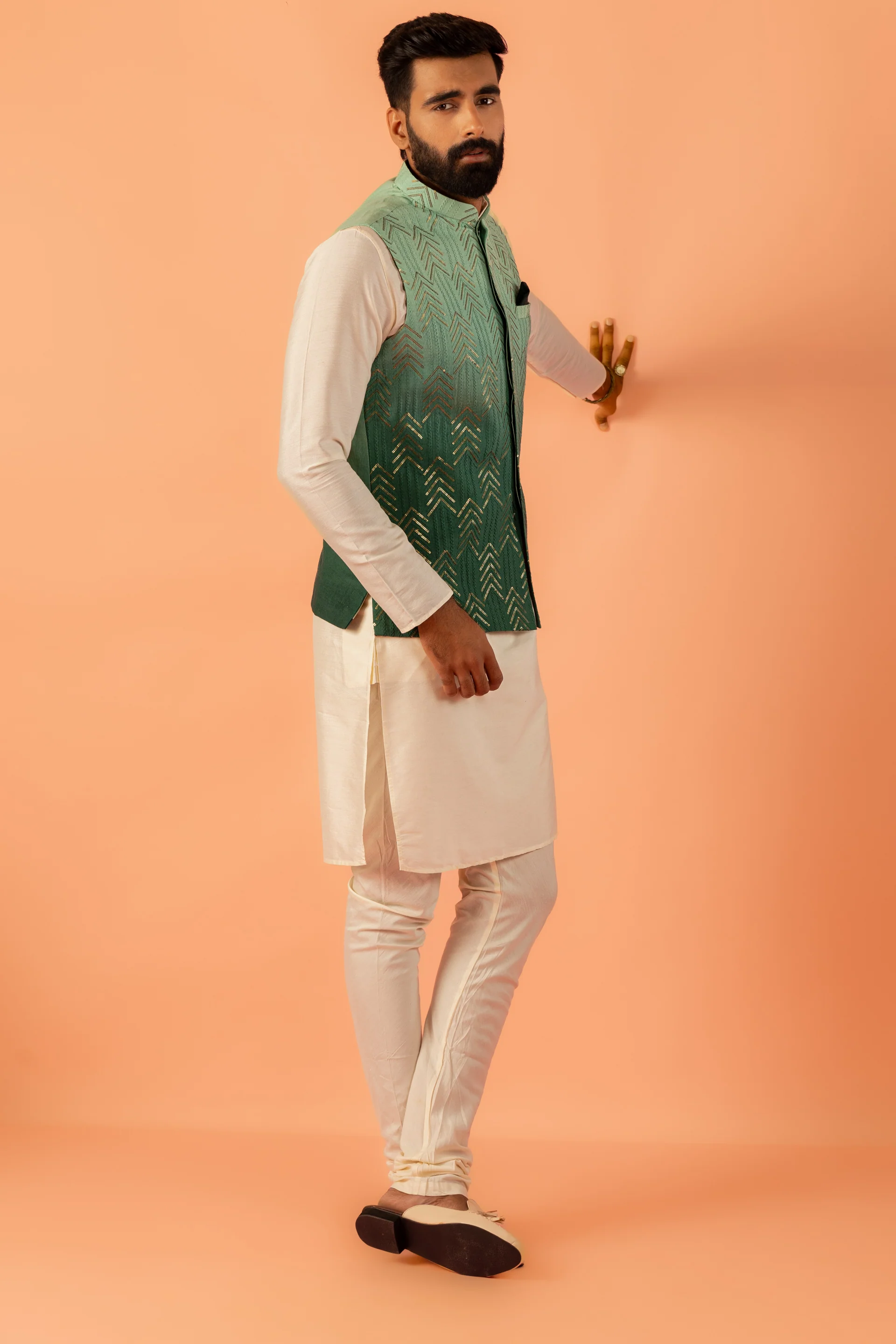 Men Green Embroidered Kurta Jacket Churidar Set with Sequinned - Image 3