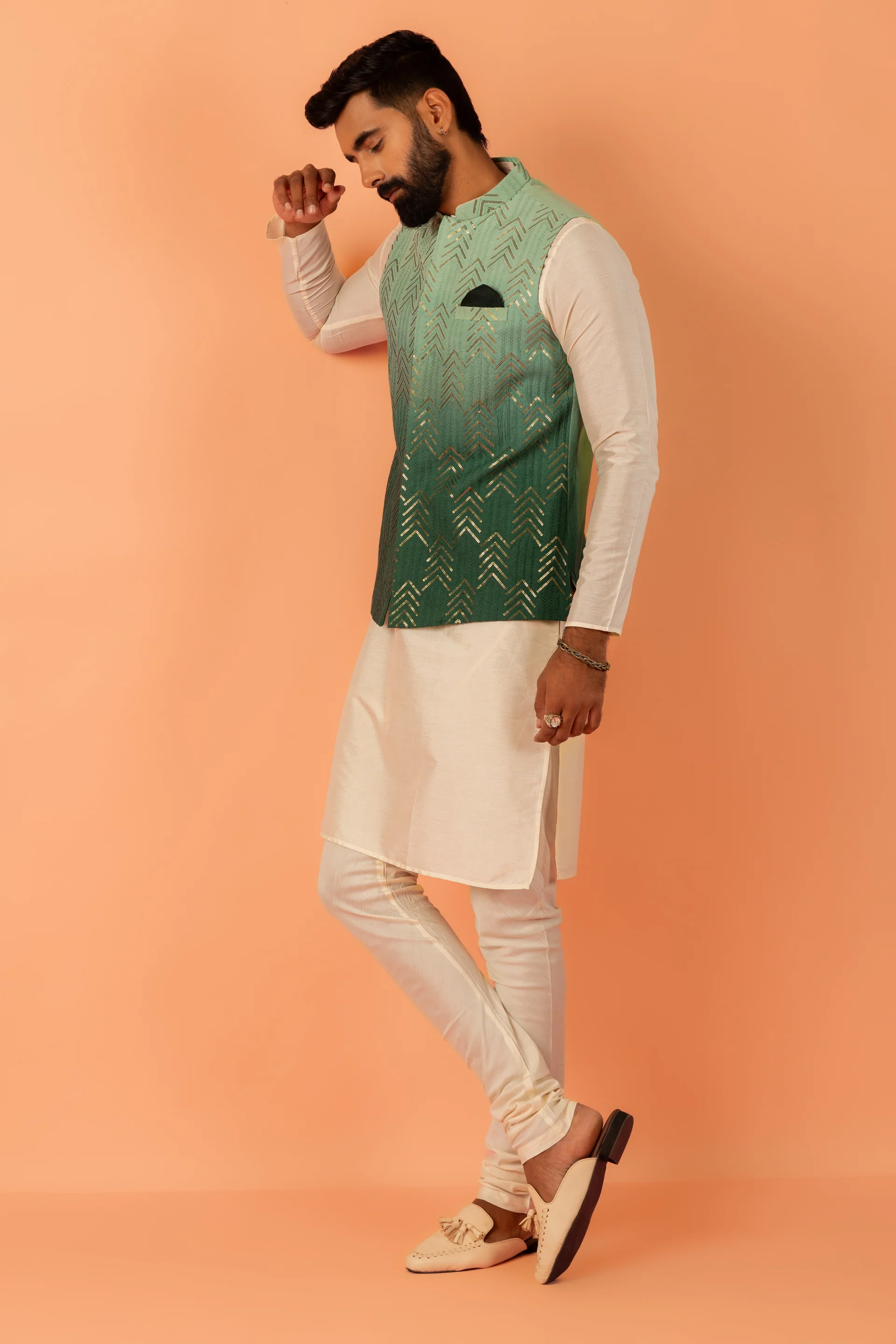 Men Green Embroidered Kurta Jacket Churidar Set with Sequinned - Image 4
