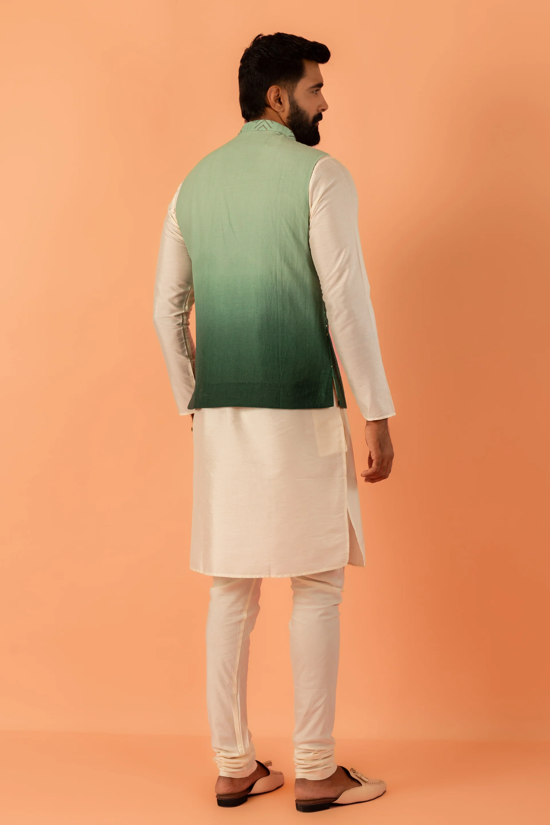 Men Green Embroidered Kurta Jacket Churidar Set with Sequinned - Image 5
