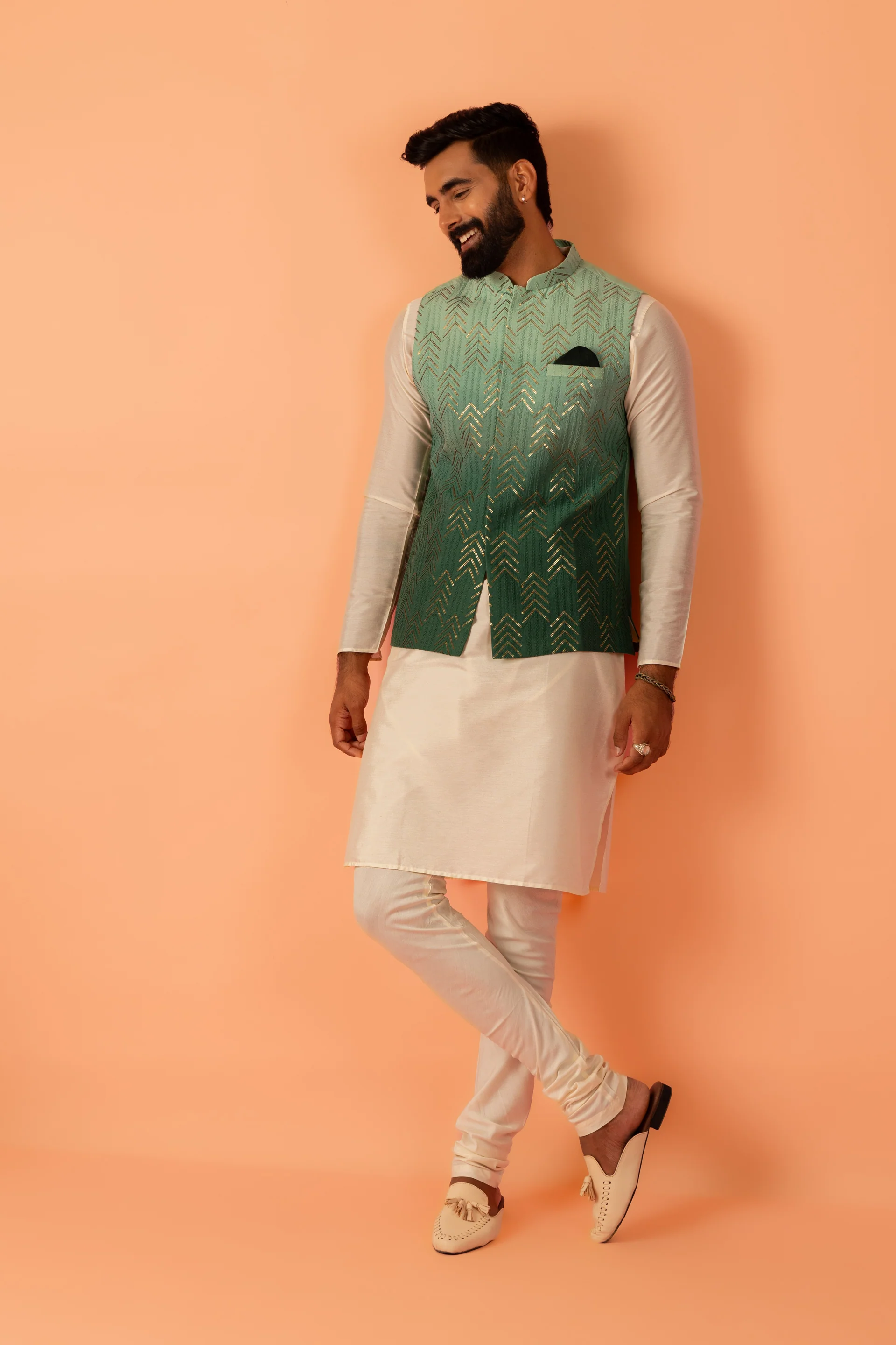 Men Green Embroidered Kurta Jacket Churidar Set with Sequinned - Image 9