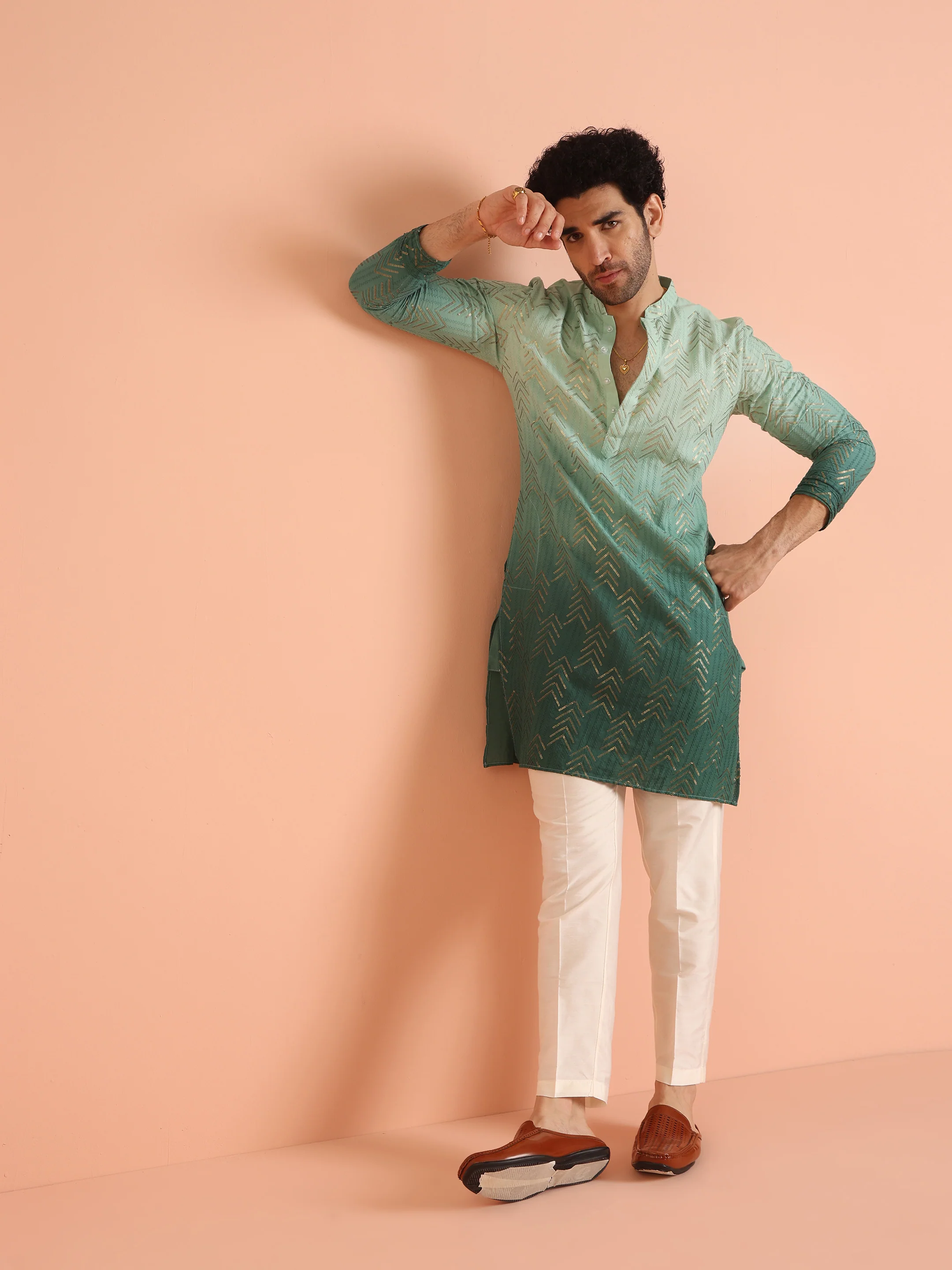 Men Green Embroidered Sequinned Kurta Trouser Set