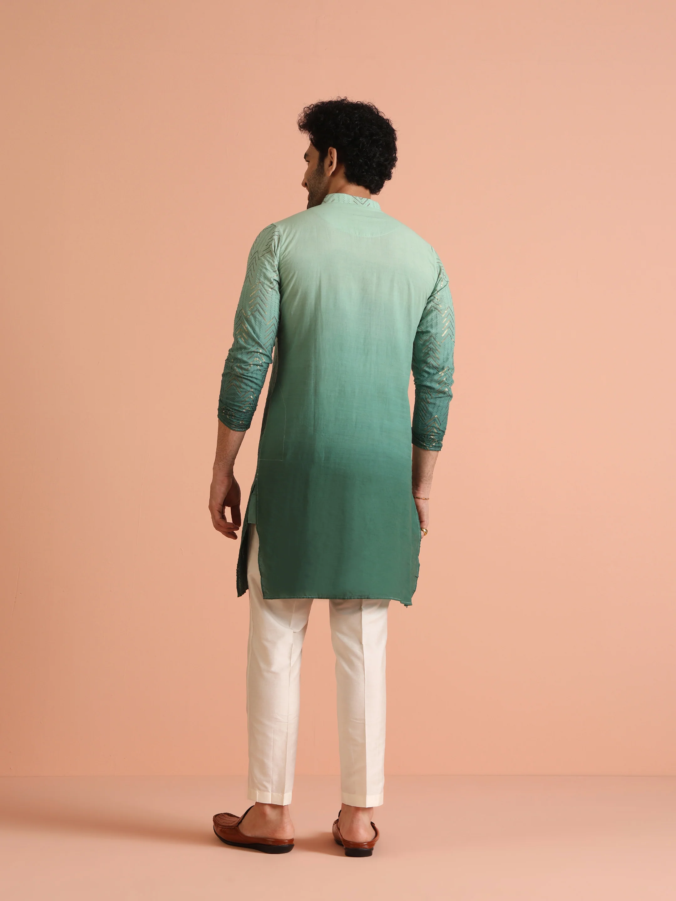 Men Green Embroidered Sequinned Kurta Trouser Set - Image 5