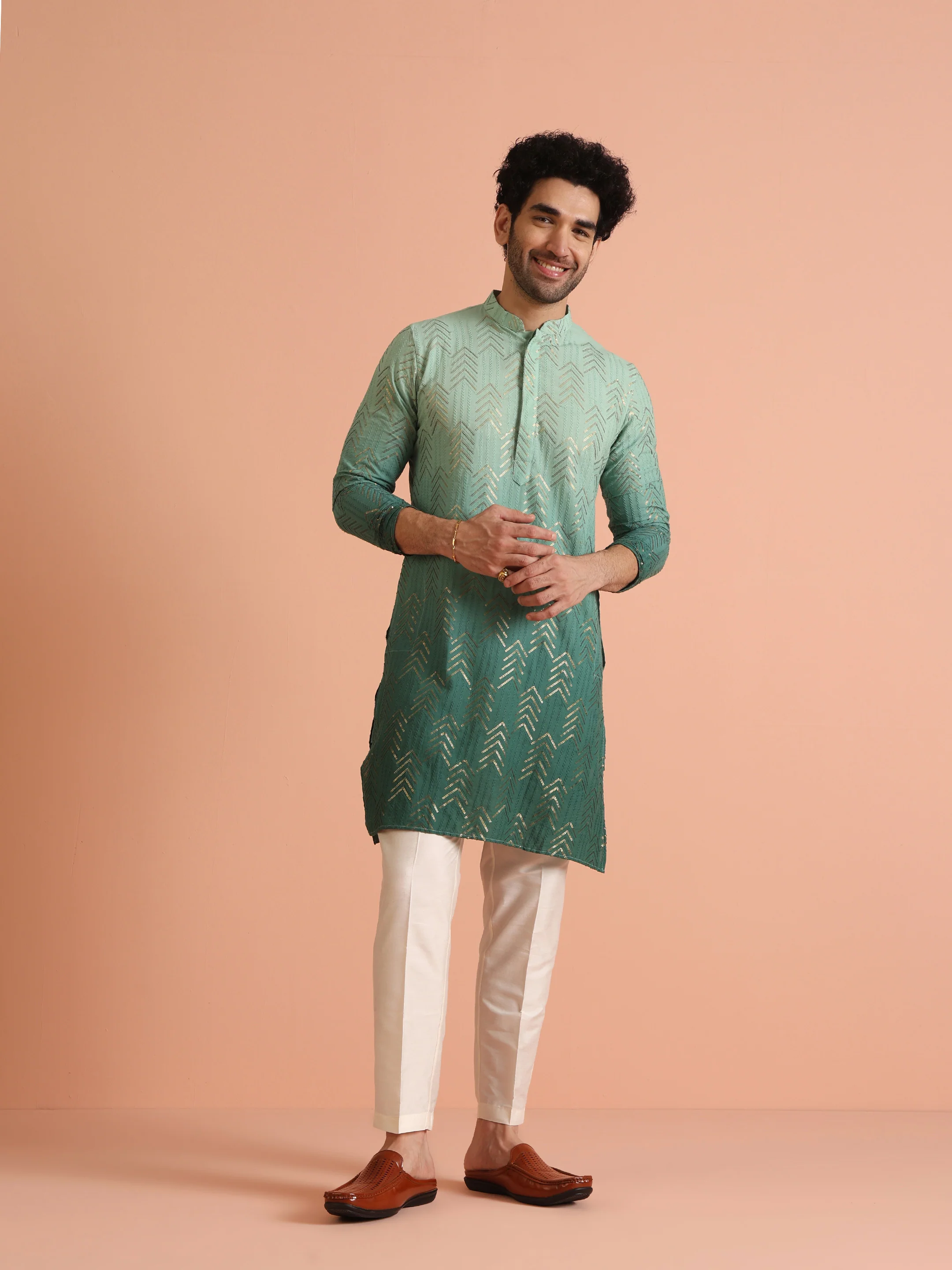 Men Green Embroidered Sequinned Kurta Trouser Set - Image 7