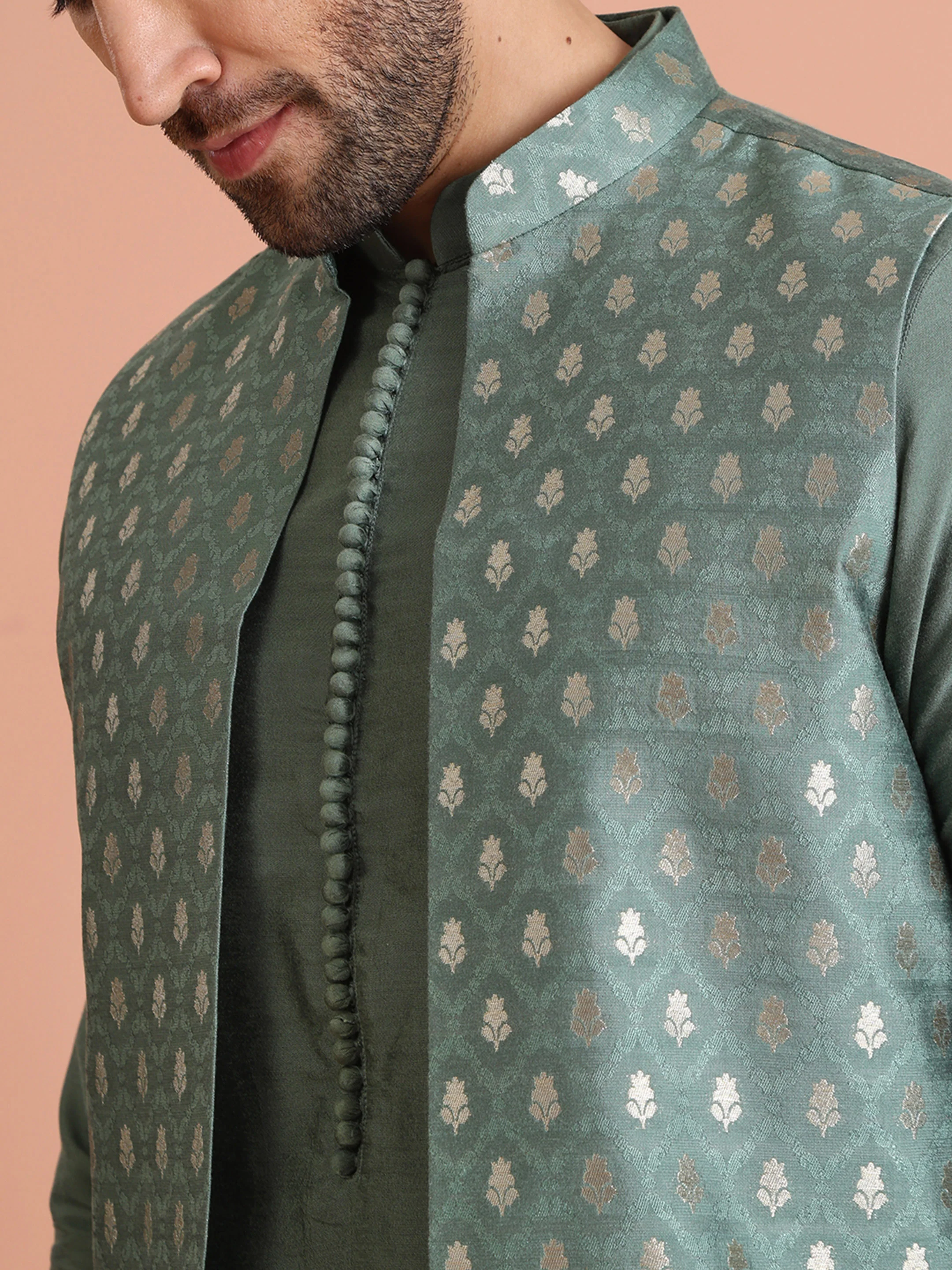 Green Silk Blend Woven Jacket Kurta Trouser Set - Image 6