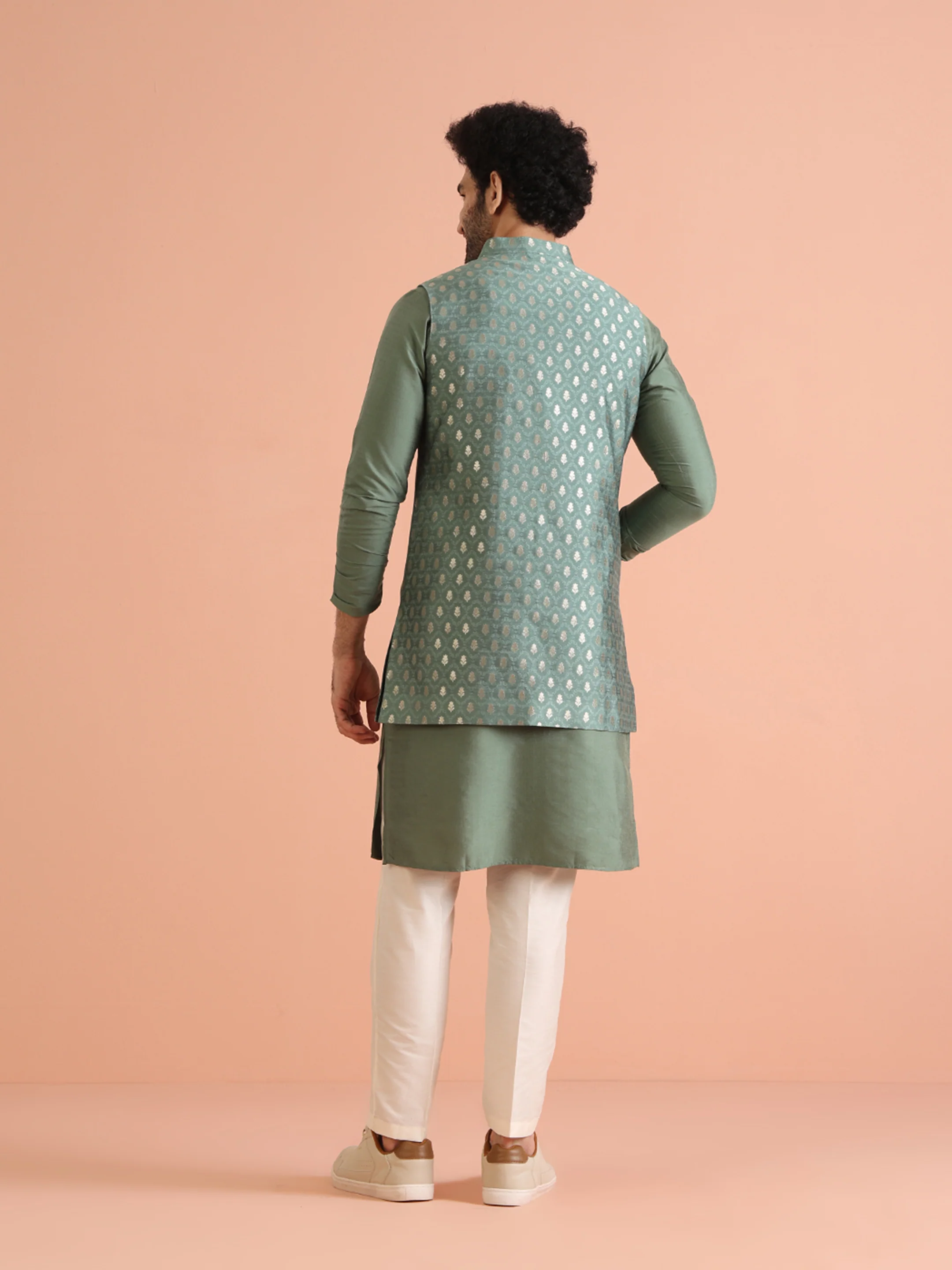 Green Silk Woven Nehru Jacket Kurta Trouser Set - Image 4
