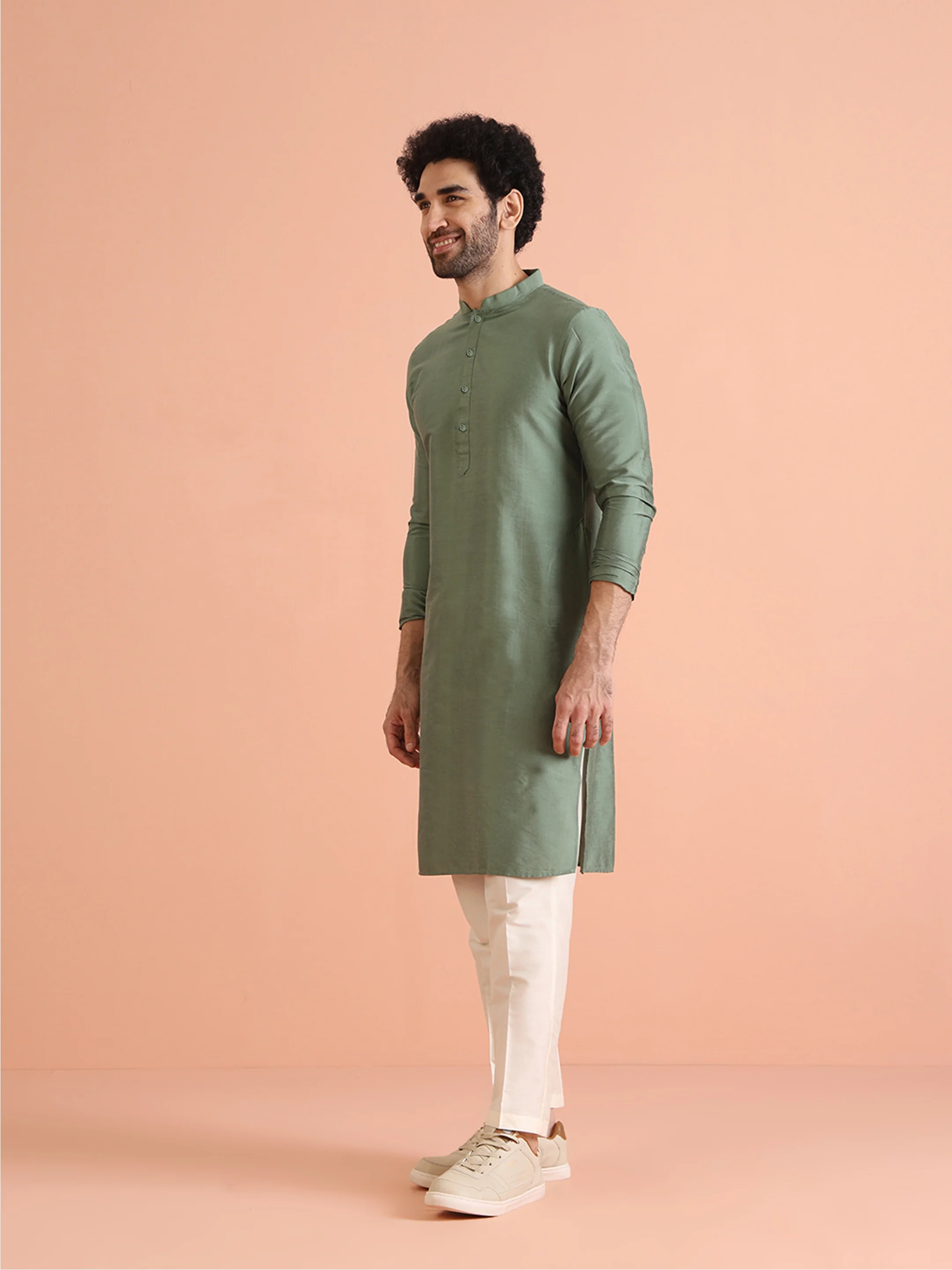 Green Silk Woven Nehru Jacket Kurta Trouser Set - Image 5