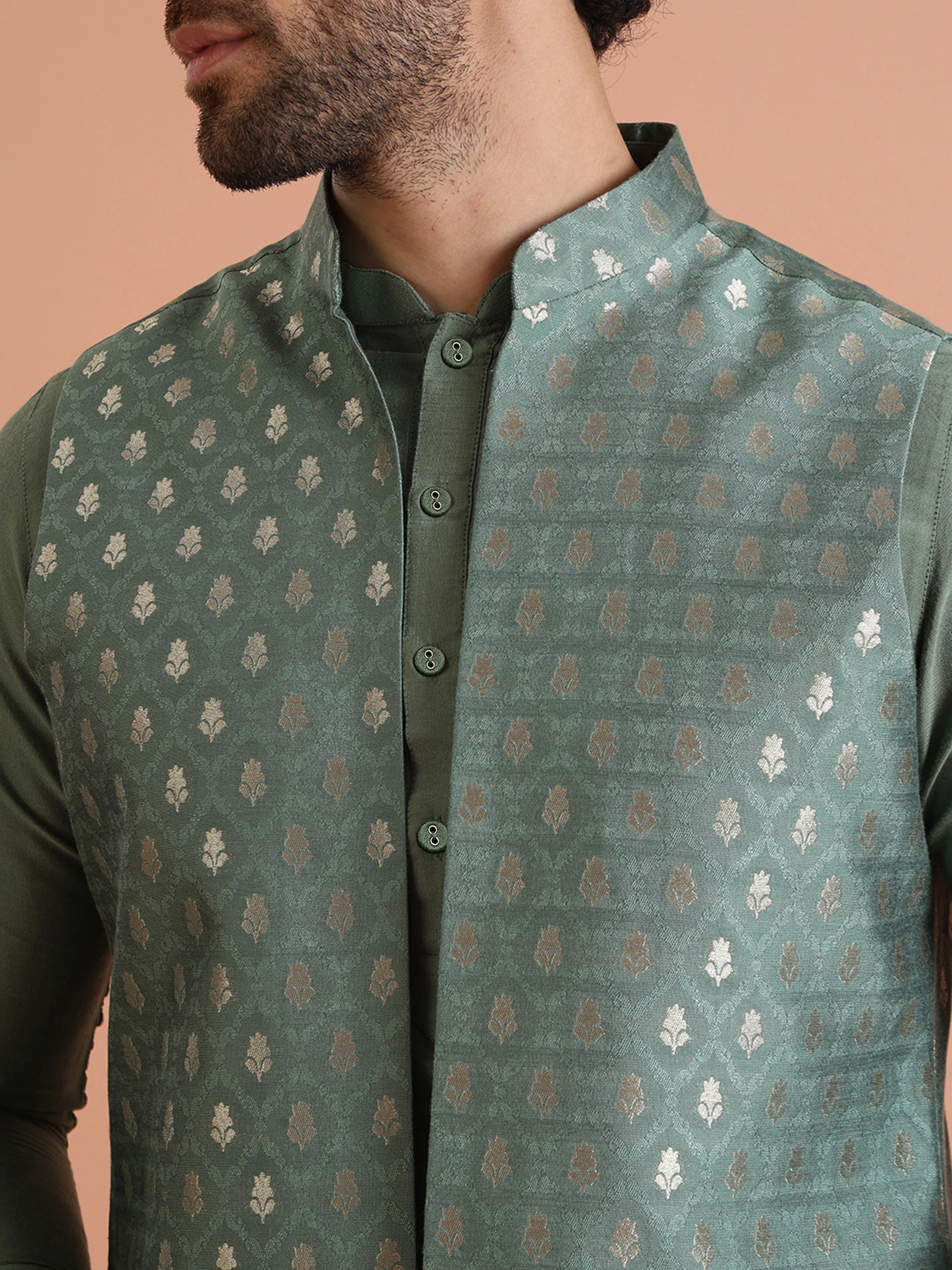 Green Silk Woven Nehru Jacket Kurta Trouser Set - Image 6