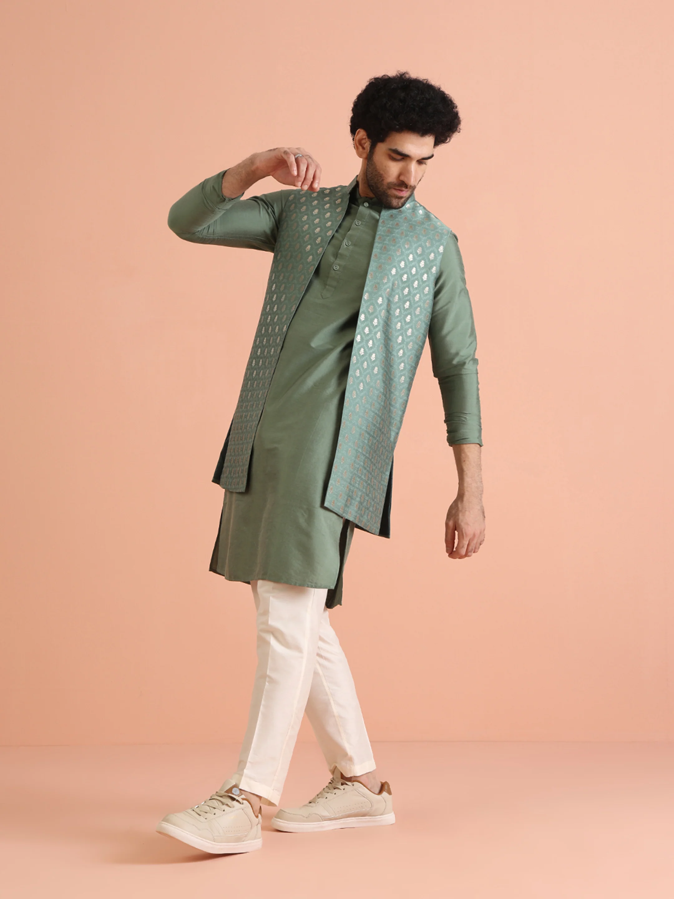 Green Silk Woven Nehru Jacket Kurta Trouser Set - Image 8