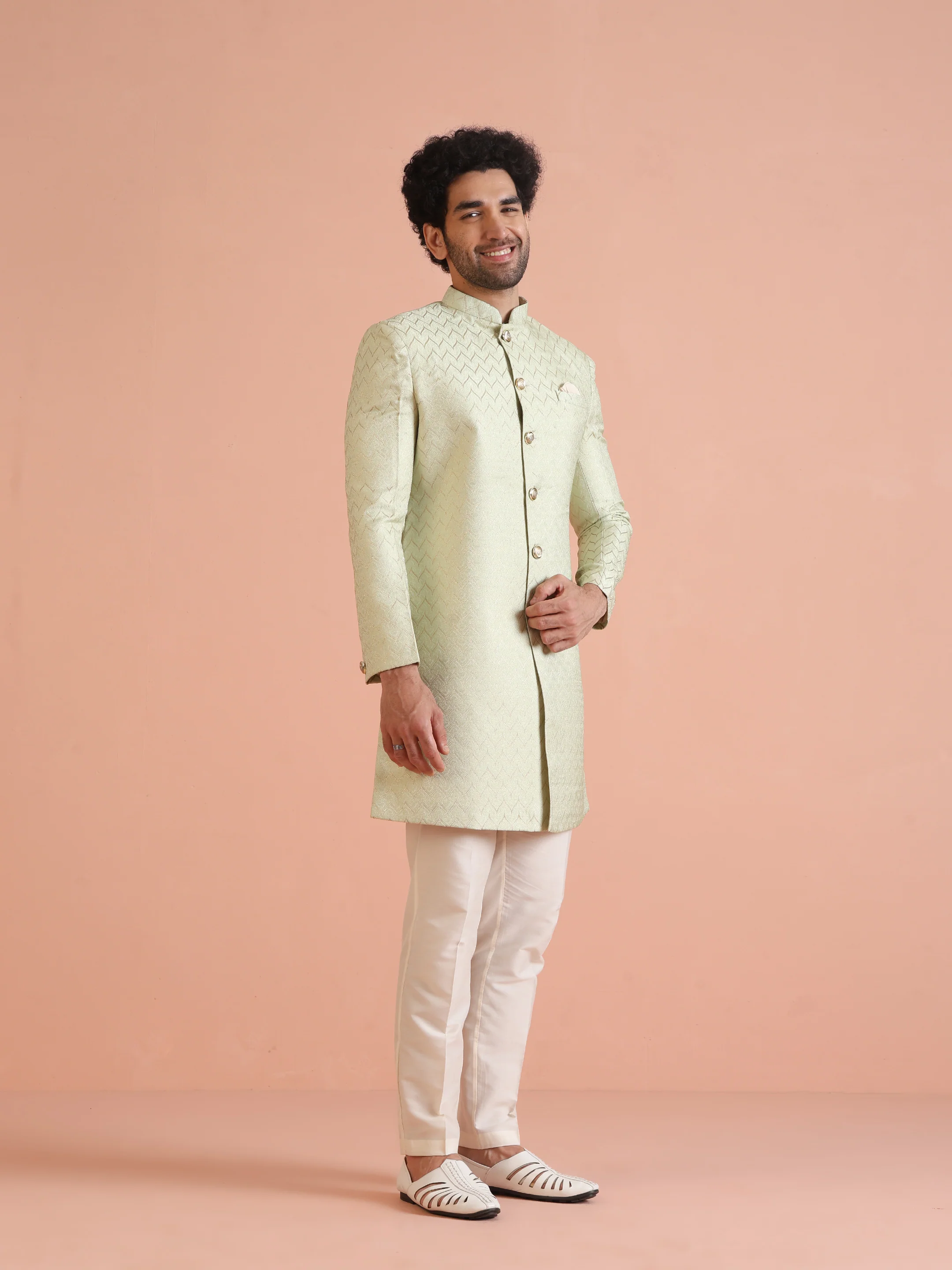 Men Green Jacquard Indowestern Trouser Set with Geometric - Image 3