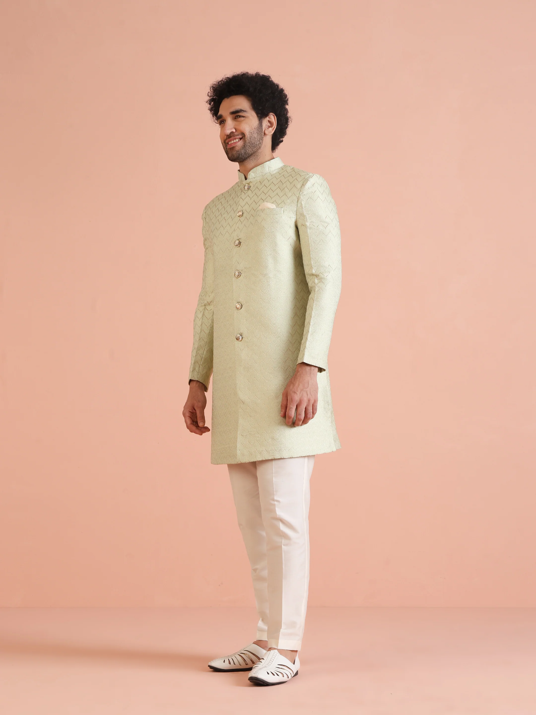 Men Green Jacquard Indowestern Trouser Set with Geometric - Image 4