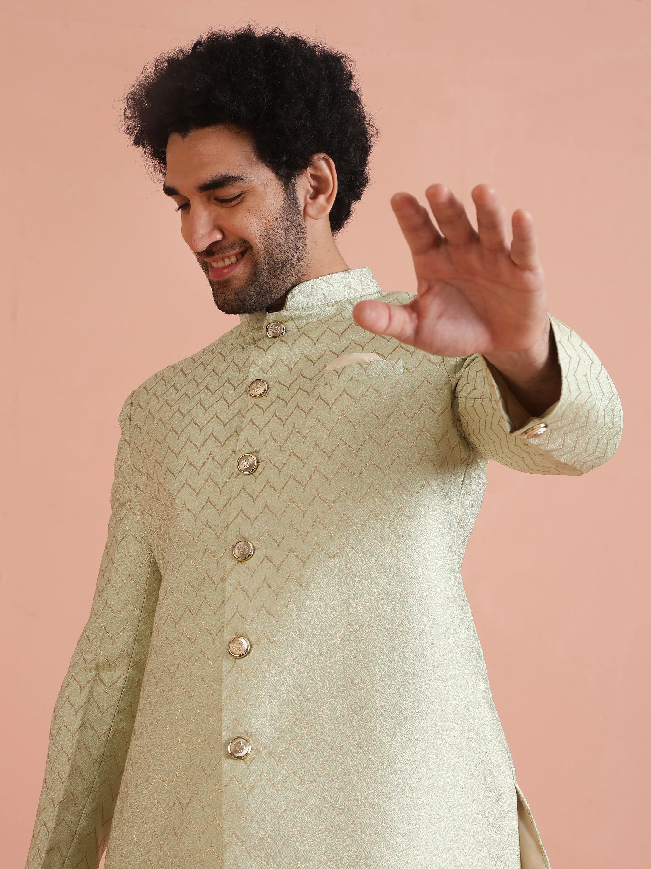 Men Green Jacquard Indowestern Trouser Set with Geometric - Image 7