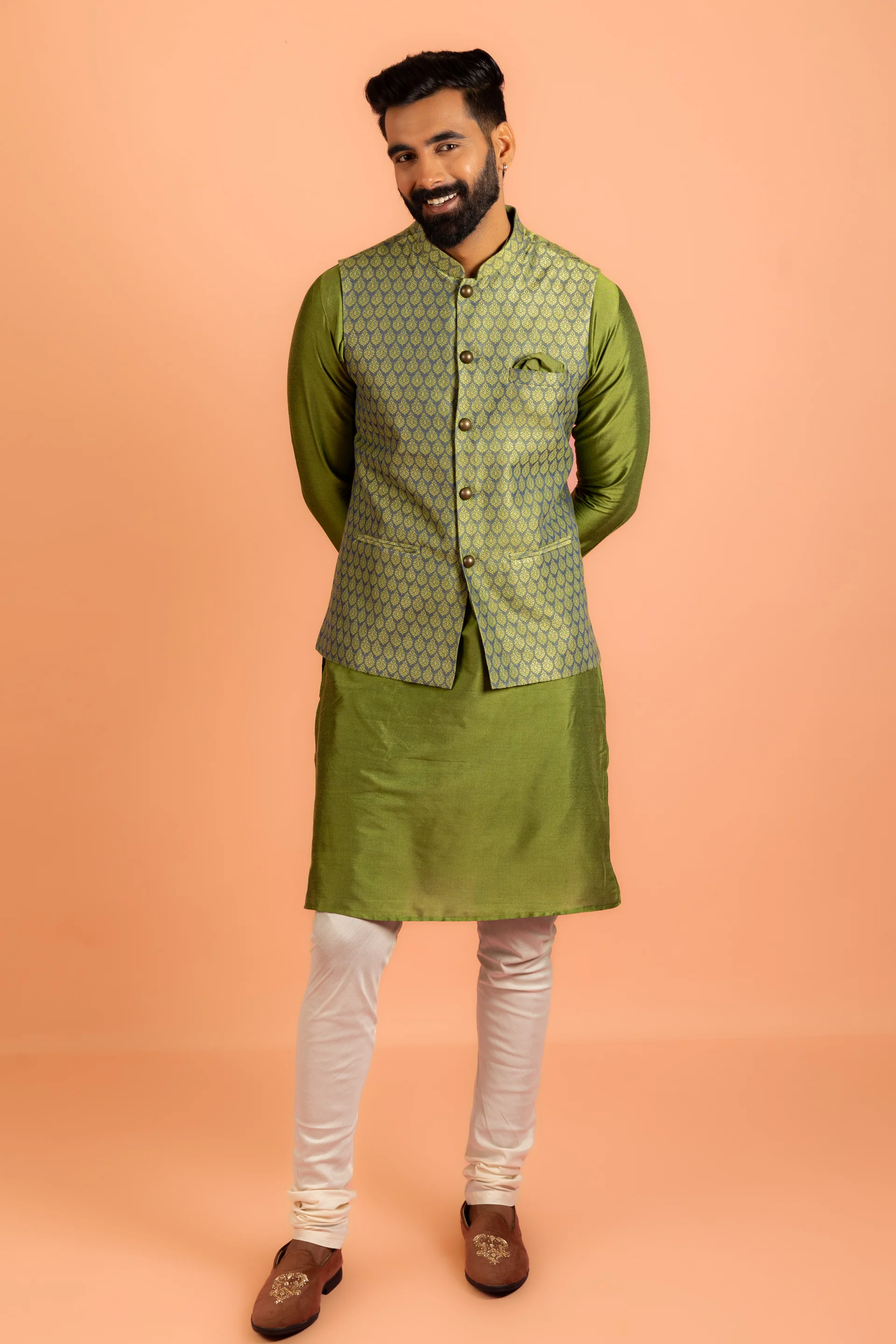 Men Green Jacquard Kurta Jacket Churidar Set with Ethnic Motifs - Image 8