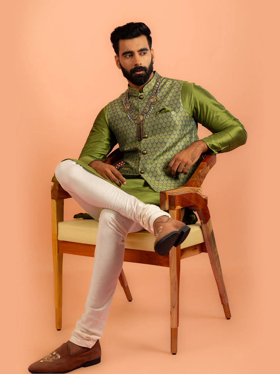 Men Green Jacquard Kurta Jacket Churidar Set with Ethnic Motifs - Image 9
