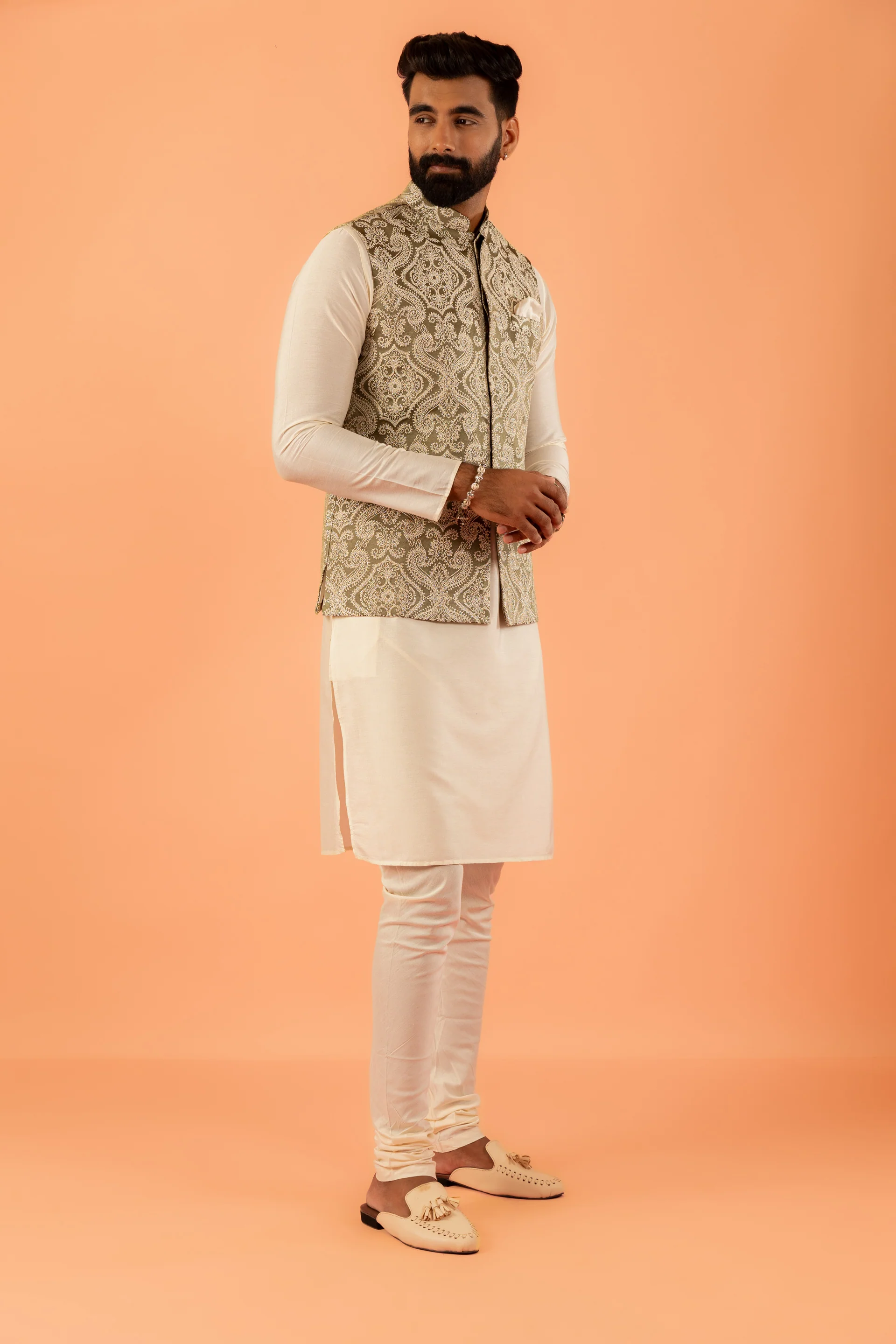 Men Green Jacquard Kurta Jacket Churidar Set with Ethnic Motifs - Image 3