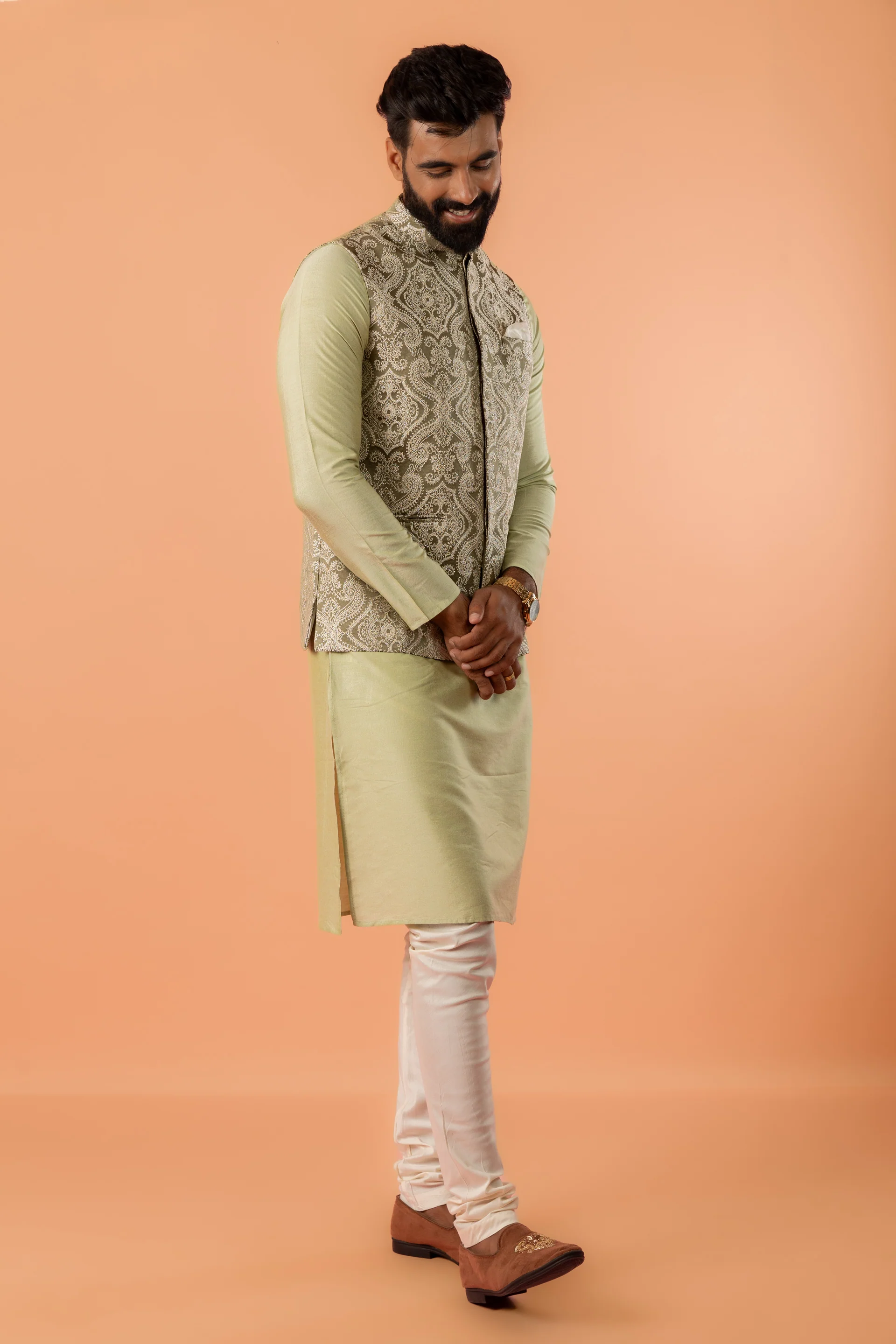 Pastel Green Kurta Jacket Churidar Set - Image 2