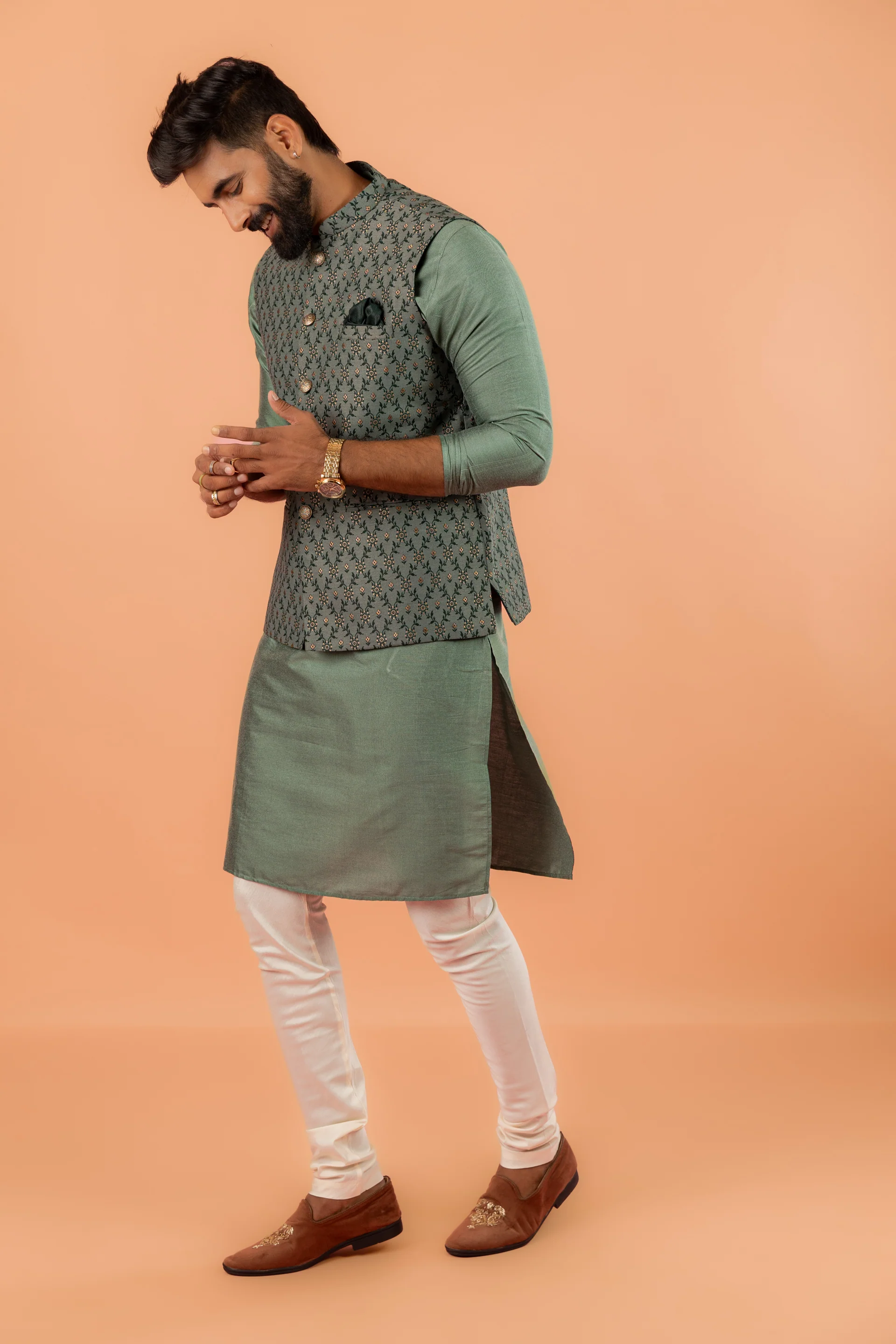 Pastel Green Floral Jacquard Nehru Jacket Kurta Set - Image 2