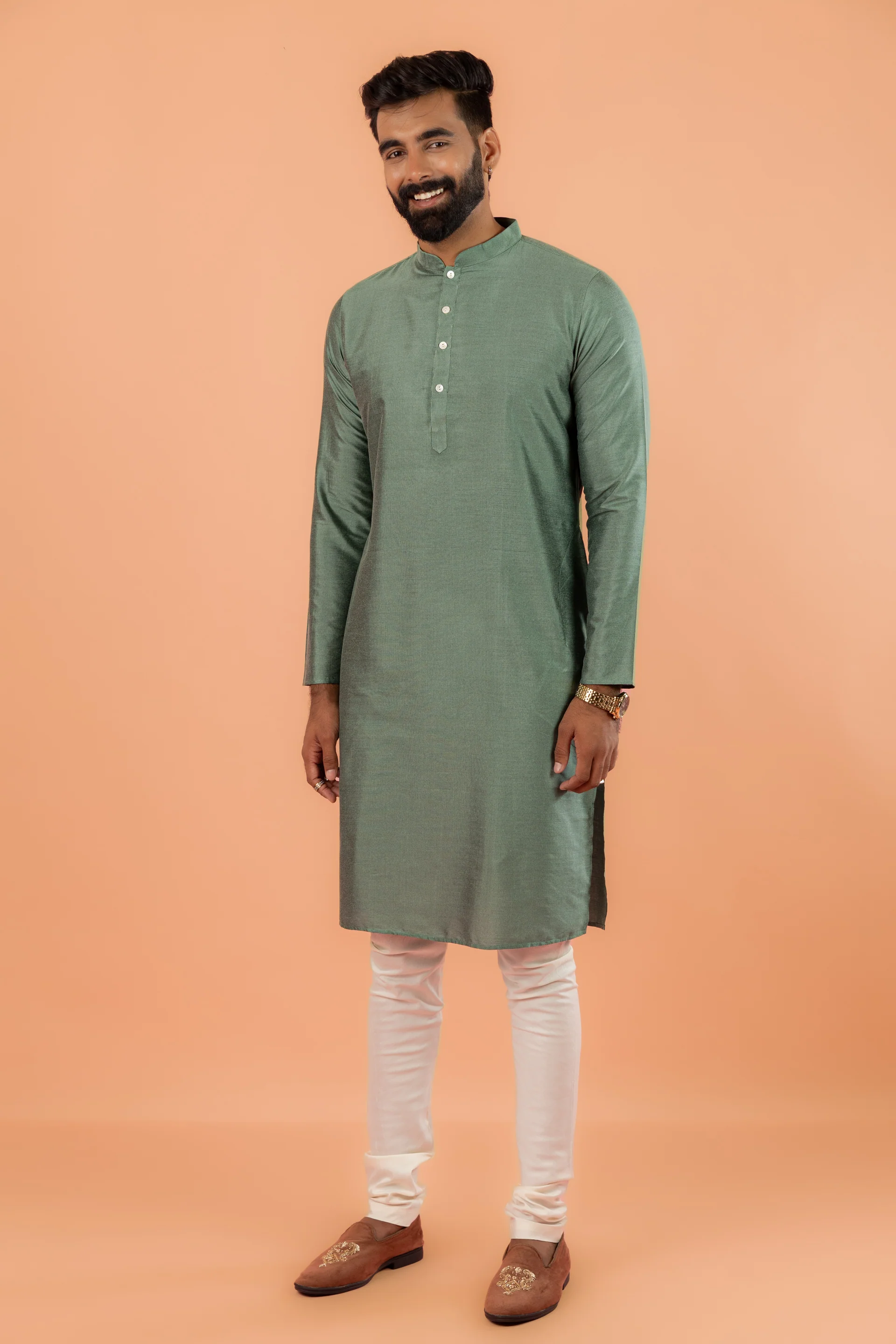 Pastel Green Floral Jacquard Nehru Jacket Kurta Set - Image 7