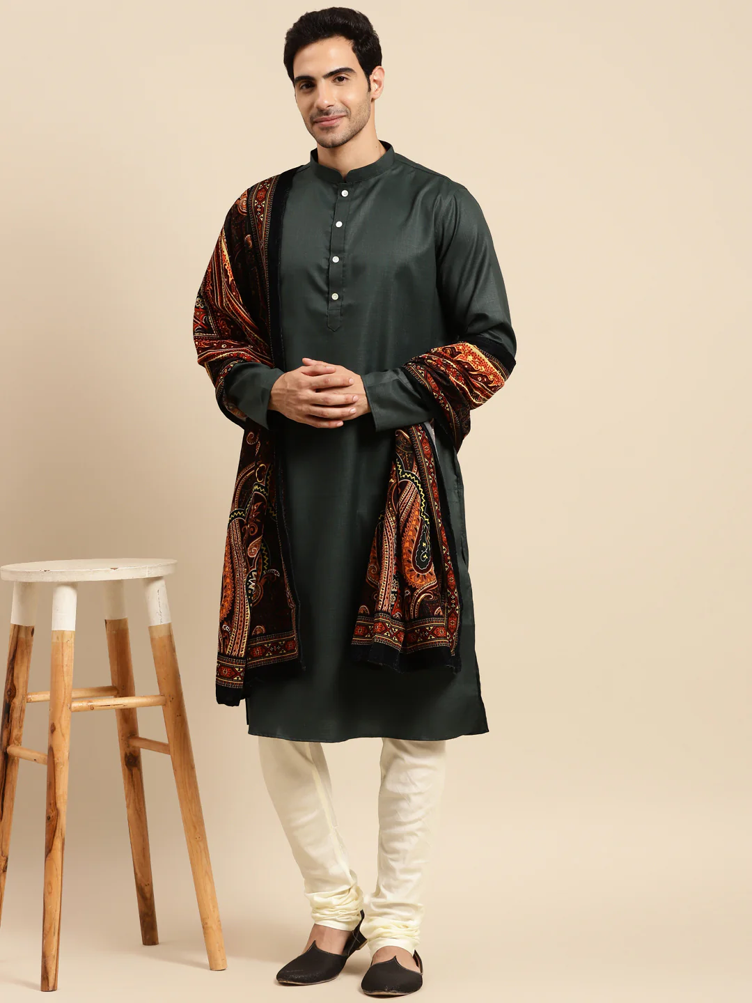 Kurta Churidar Set with Dupatta â€“ Silk Blend Dark Green Kurta with Cream Churidar & Embroidered Black Dupatta â€“ Wedding & Festive Outfit - Image 2