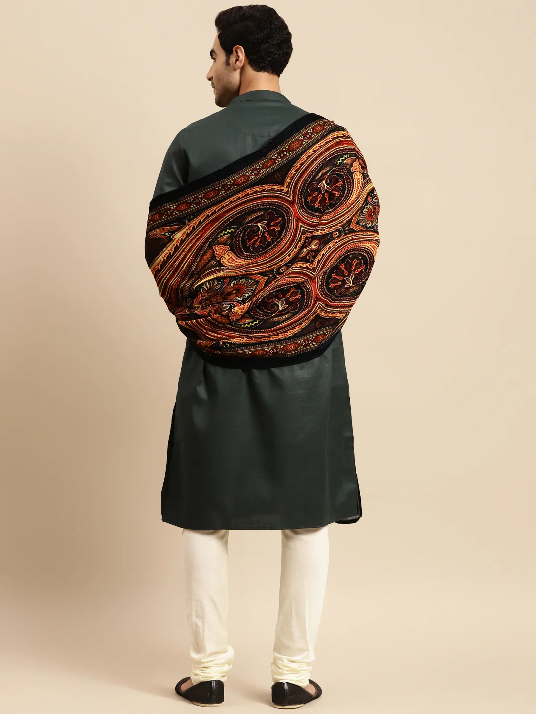 Kurta Churidar Set with Dupatta â€“ Silk Blend Dark Green Kurta with Cream Churidar & Embroidered Black Dupatta â€“ Wedding & Festive Outfit - Image 3