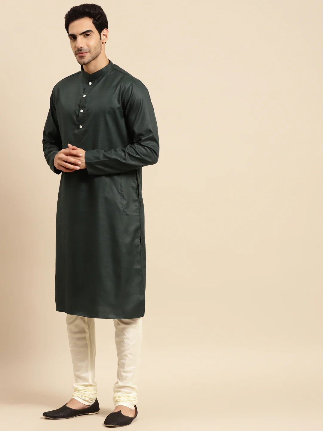 Kurta Churidar Set with Dupatta â€“ Silk Blend Dark Green Kurta with Cream Churidar & Embroidered Black Dupatta â€“ Wedding & Festive Outfit - Image 4